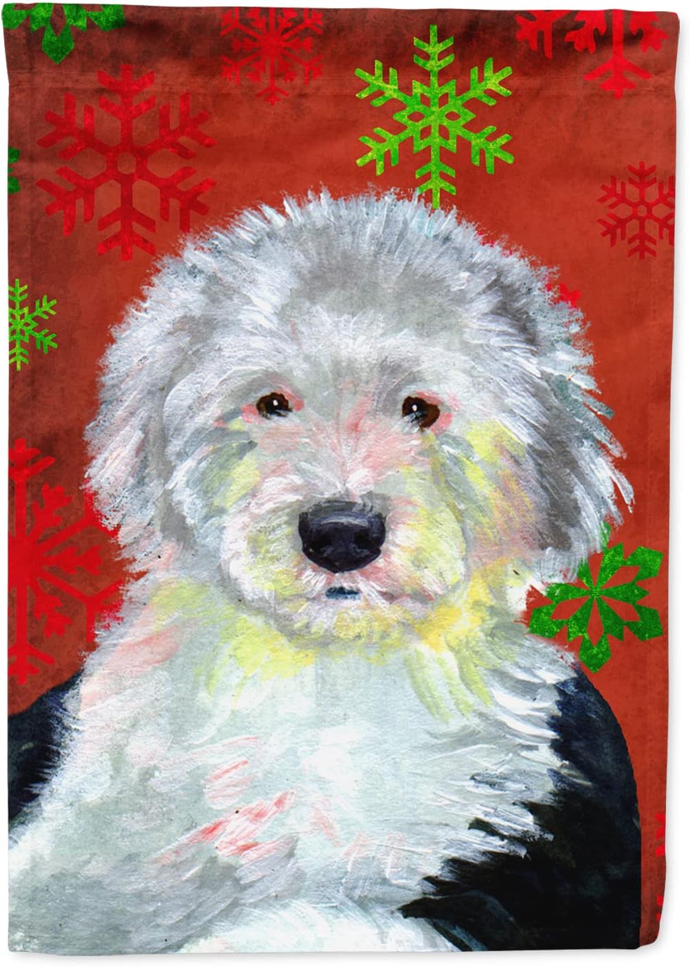 Caroline's Treasures LH9351CHF Old English Sheepdog Red Green Snowflakes Holiday Christmas House Flag Large Porch Sleeve Pole Decorative Outside Yard Banner Artwork Wall Hanging, Polyester, House Siz