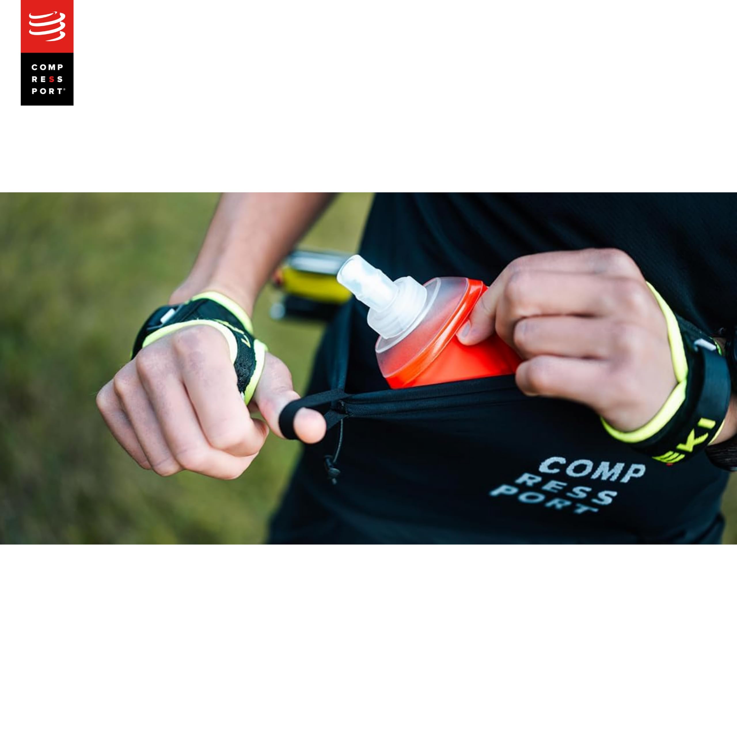 Compressport Pack Free Belt Pro M/L + Ergoflask 300ml, Kit Trail Running, Ceinture Mesh Extensible 1,2L Zéro Ballottement + Flasque Souple Sans BPA, Autonomie 6h Mains Libres,Tour de Hanches 94-110 cm