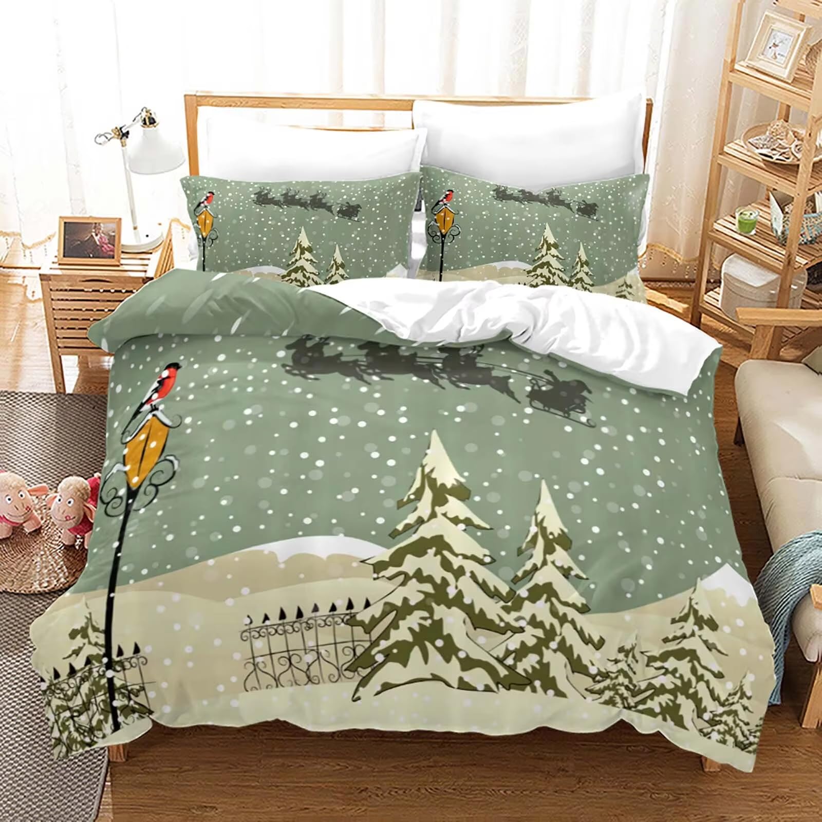 Housse de couette de Noël 260x240 avec taies et couvre-lit imprimé vert