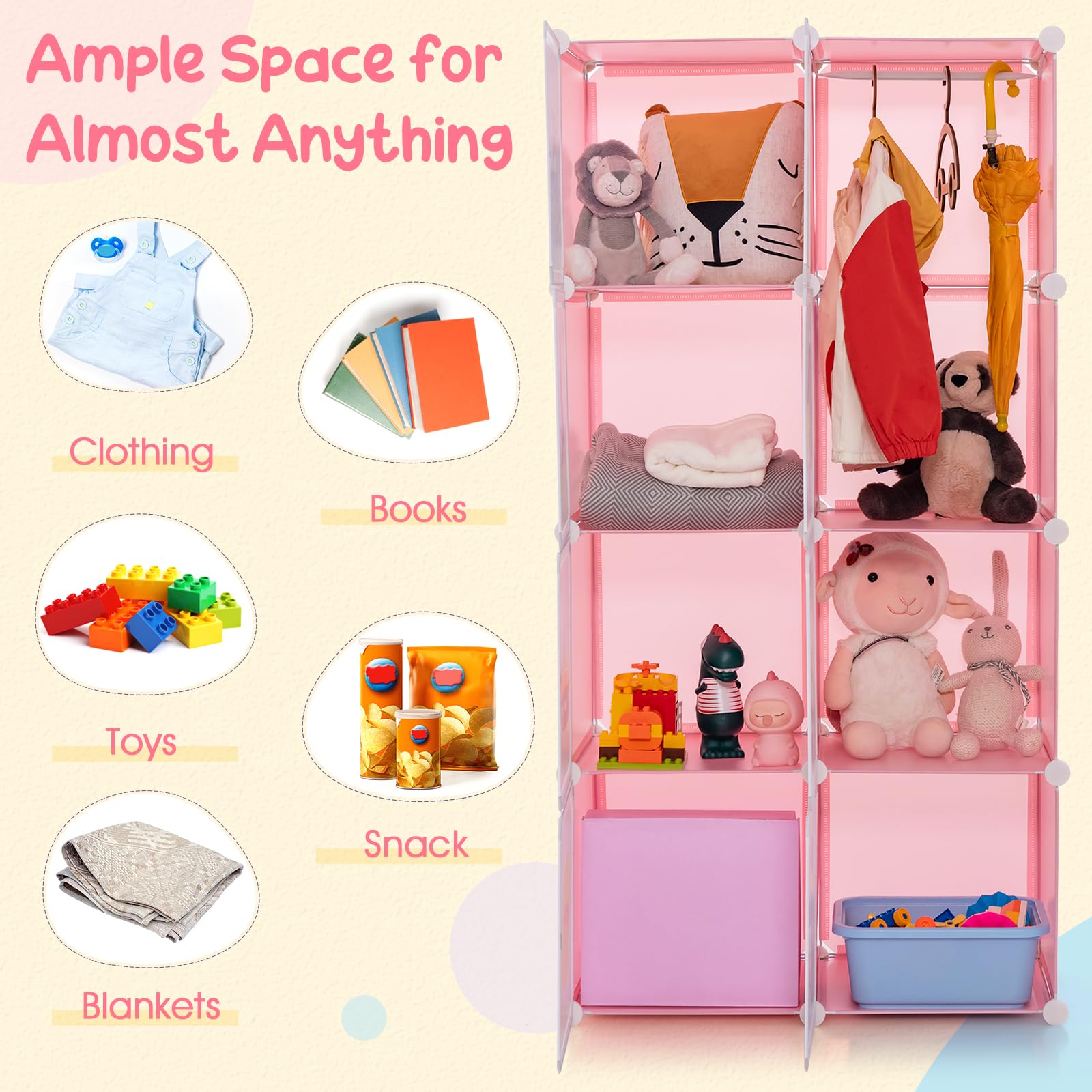 FANTASK Regalsystem mit 8 Würfeln, Kinder Kleiderschrank aus Kunststoff mit Türen & 2 Aufhänger, modularer Organizer für Kinderzimmer, Spielzimmer (Rosa)