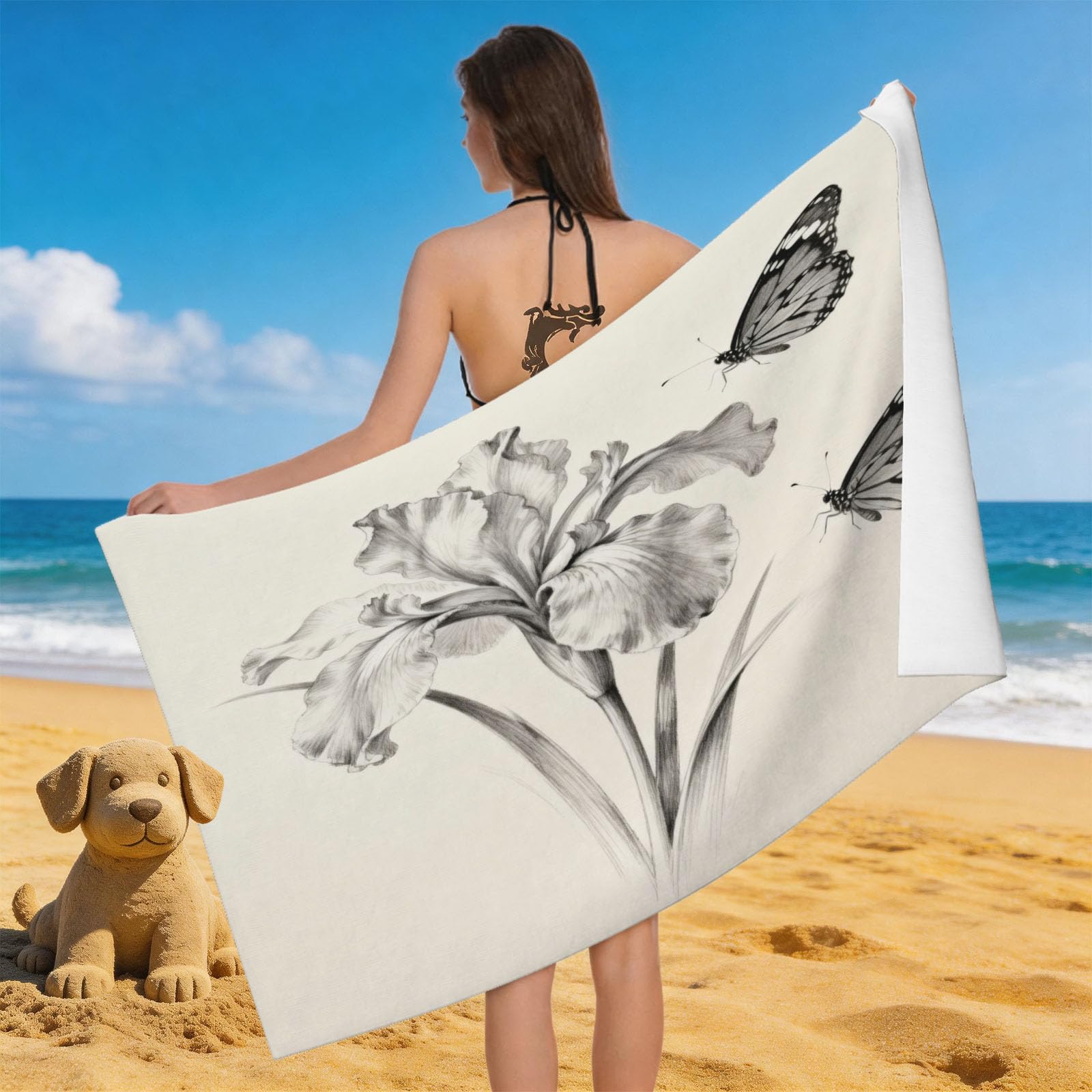 Leichong 3D Iris Beach Towel Microfiber Soft Quick Dry for Adults, Butterfly Bath Towel Lightweight Soft Absorbent for Travel Swimming Pool Sports, 75 x 150 cm