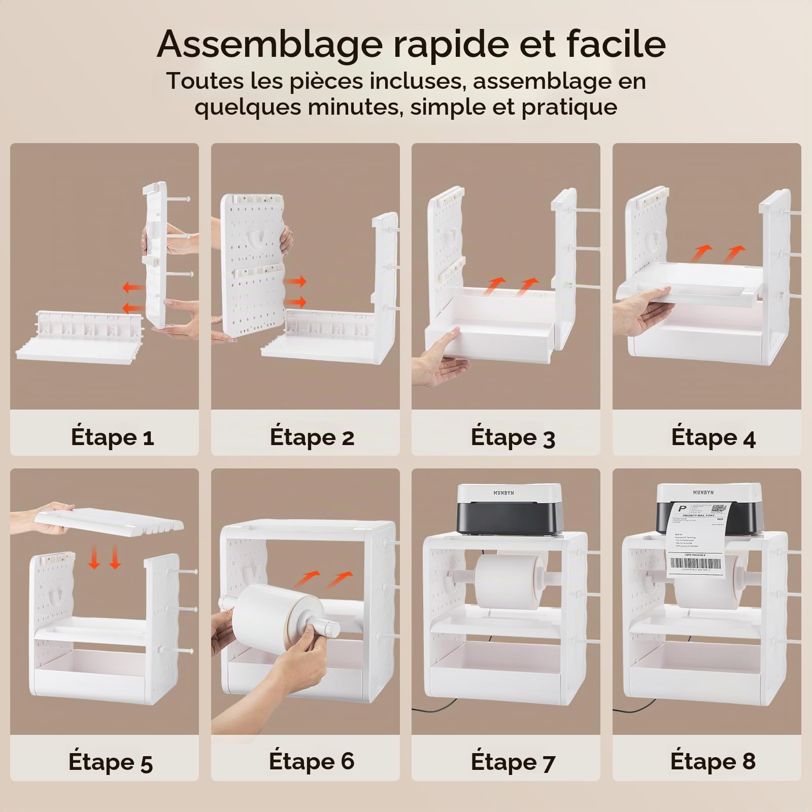 MUNBYN Le Porte-étiquettes Thermiques 4x6 est, 5 en 1 doté de Trois étagères, de tiroirs, de Crochets et d'un Panneau perforé. Idéal pour l'impression d'étiquettes d'expédition, Le Bureau et lmaison
