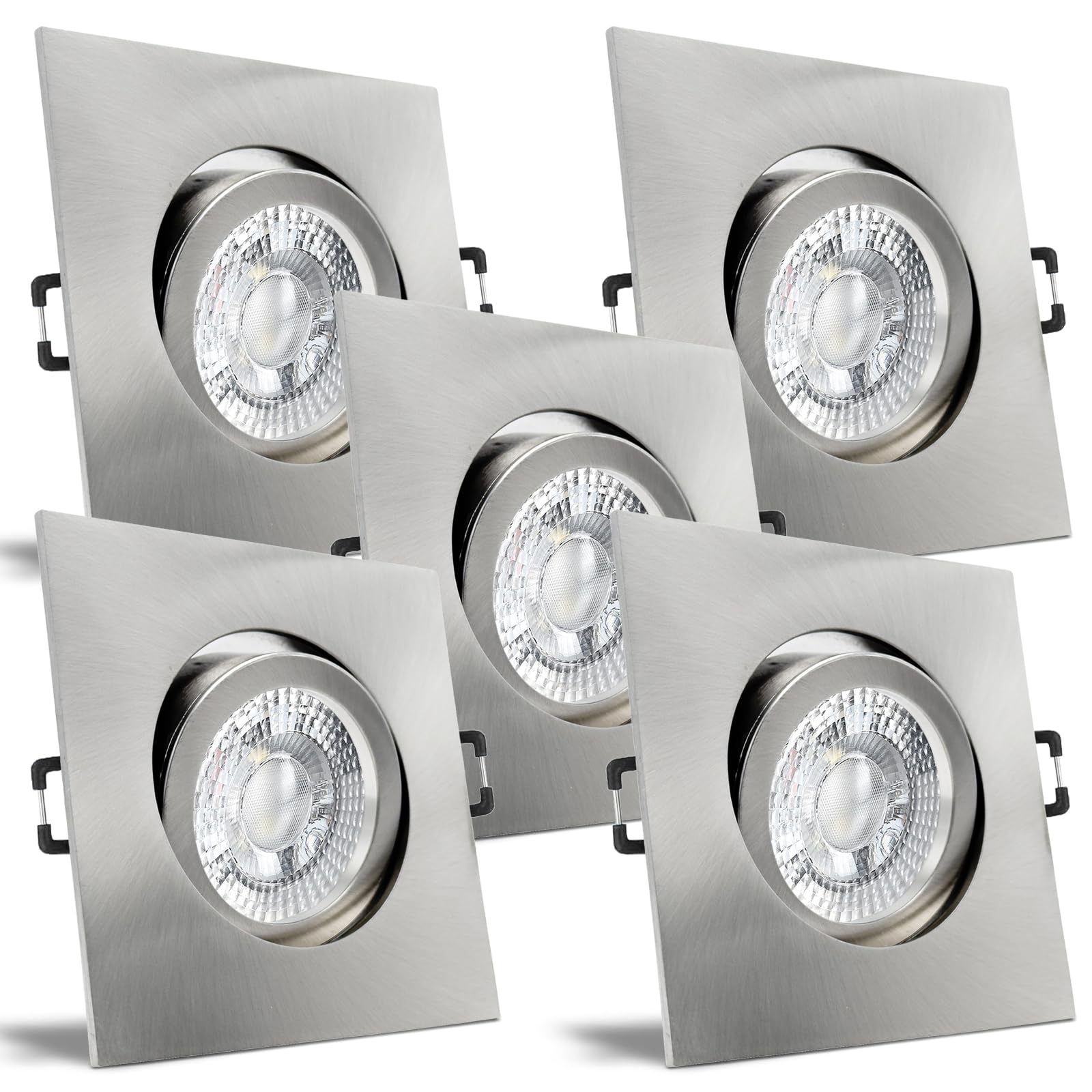 trendlights24 Carree LED Decken Einbaustrahler flach 35 mm 5W 230V 5er Set | Edelstahl Optik, eckig, Neutralweiß, 4000k, 50° Abstrahlwinkel, Spot, austauschbar, Einbauspot, schwenkbar, 68mm Lochmaß