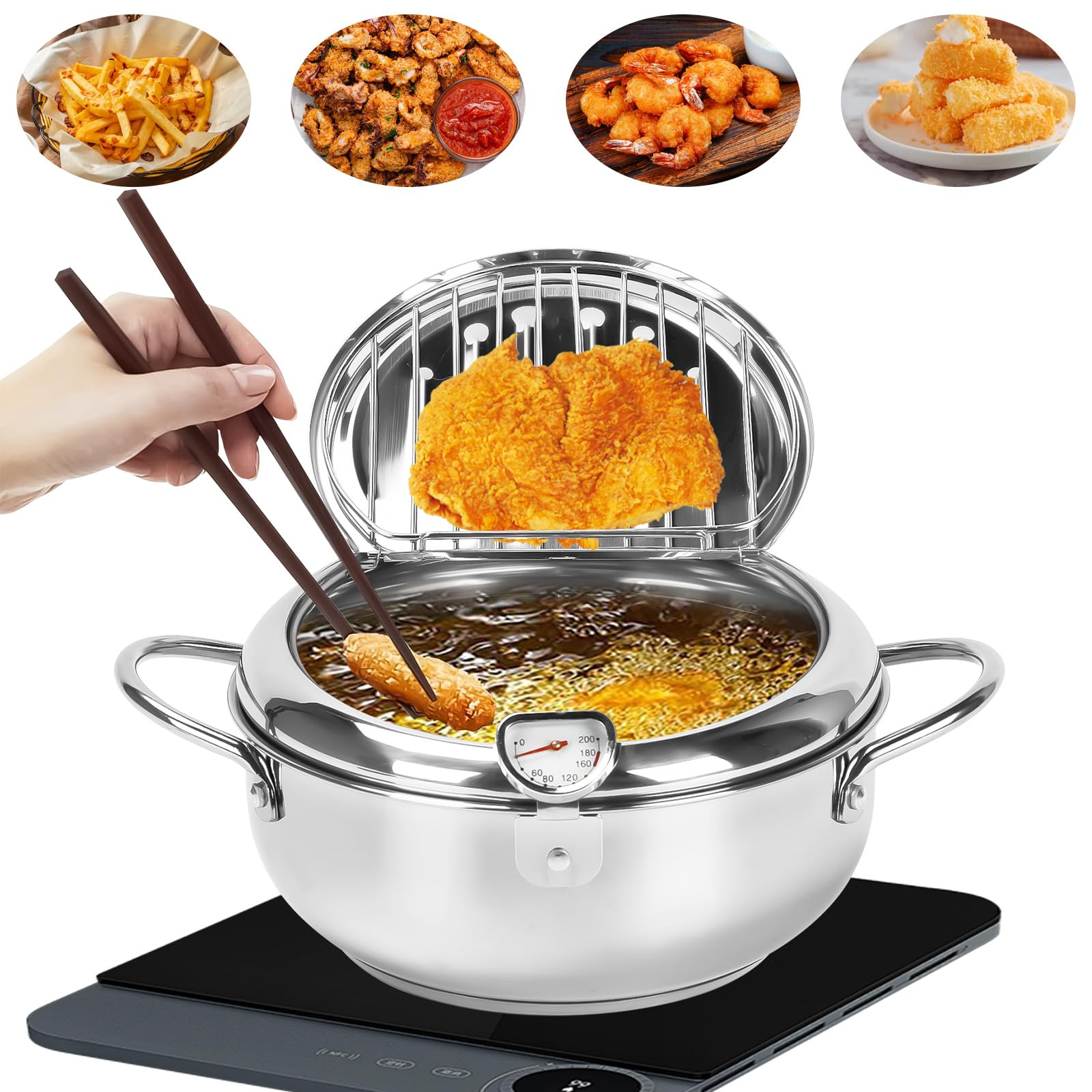 Qivine Mini Garnek do głębokiego smażenia ze stali nierdzewnej, garnek do smażenia z pokrywką i kontrolą temperatury, mini głęboka frytownica do tłuszczu kompatybilna z kuchenką gazową, indukcyjną do