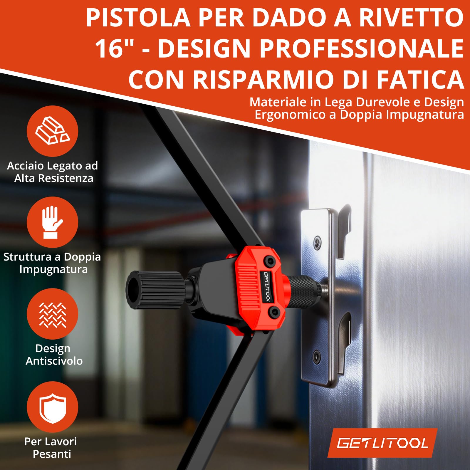GETLITOOL Set 16-Inch Rivettatrice Professionale per Impieghi Gravosi con 7 Mandrini e 120 Dadi M3 M4 M5 M6 M8 M10 M12, Pistola Manuale a Dadi Rivetti con Valigetta per Garage Officine