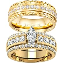 2 Rings Yellow Gold Plated His and Hers Rings Couple Rings Cz 3pcs Womens Wedding Ring Sets Titanium Steel Mens Wedding Bands