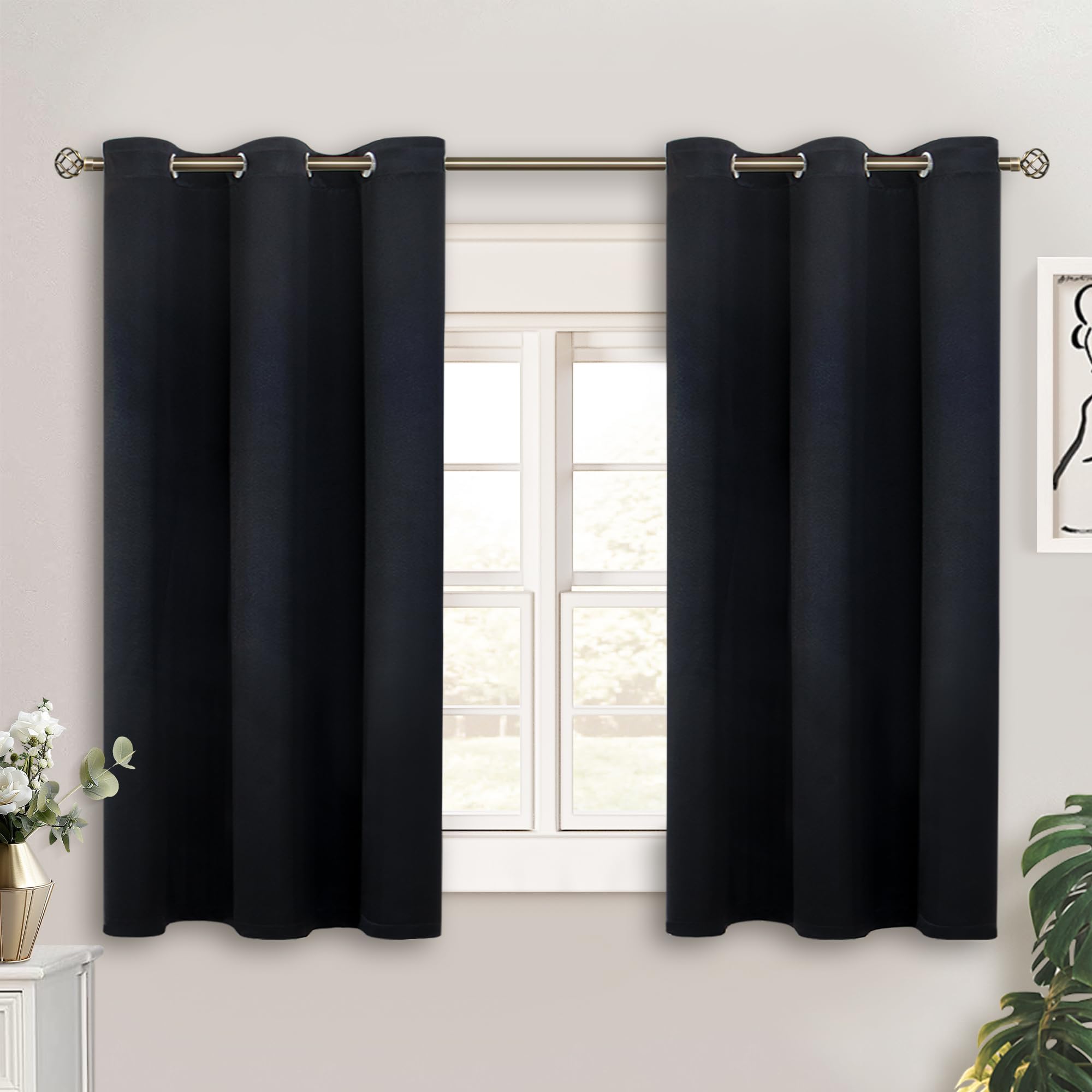 BGment Black Short Blackout Curtains for Small Windows, 38 x 45 Inch Thermal Insulated Tier Set of 2 Panels Sun Blocking Drapes for Kitchen Bedroom