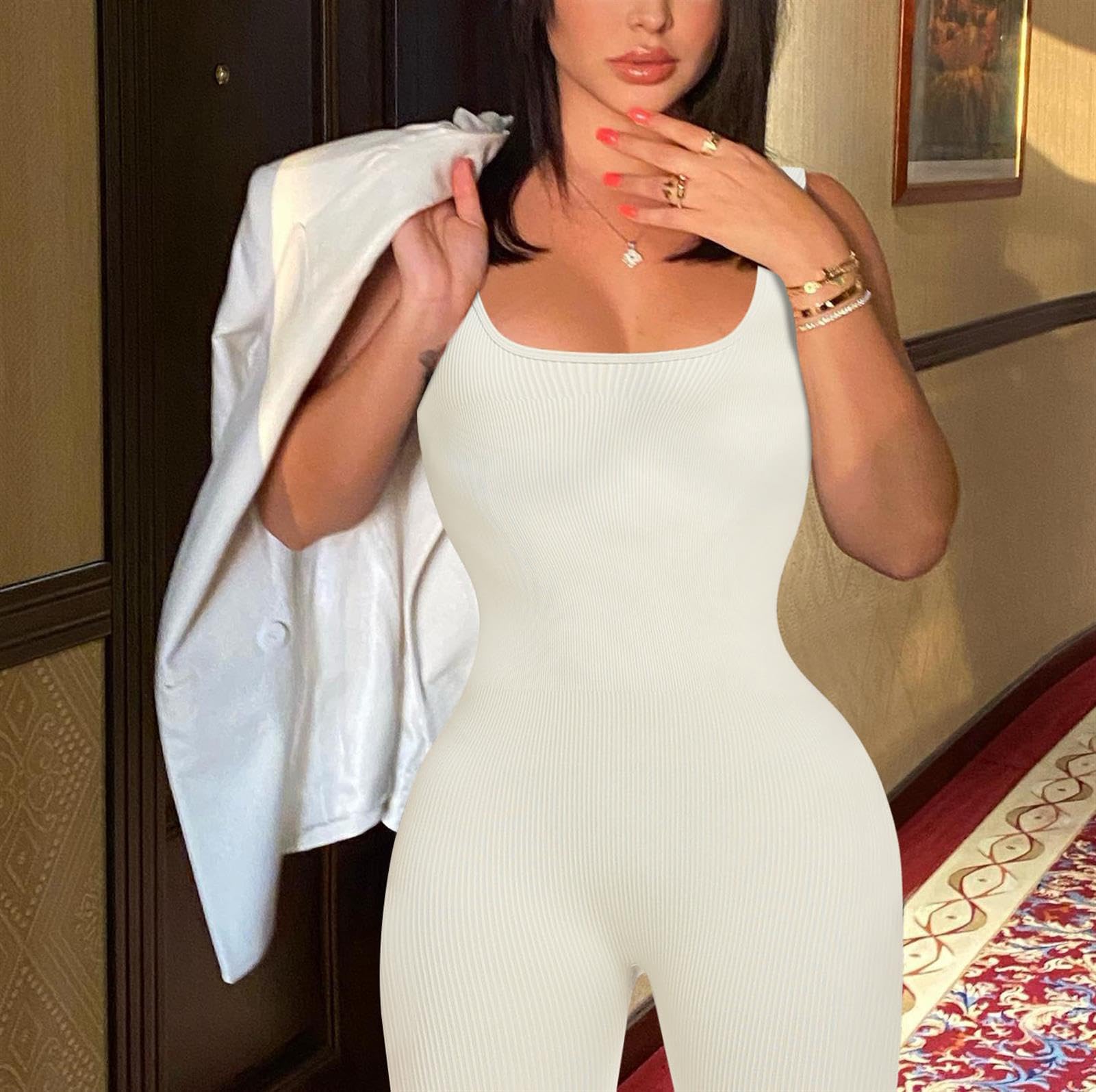 hixswnu Traje de Yoga para Mujer Mono Sexy Cuello Cuadrado Manga Larga Leggings de Longitud Completa Bodycon Stretch Ropa Deportiva,Off White,L