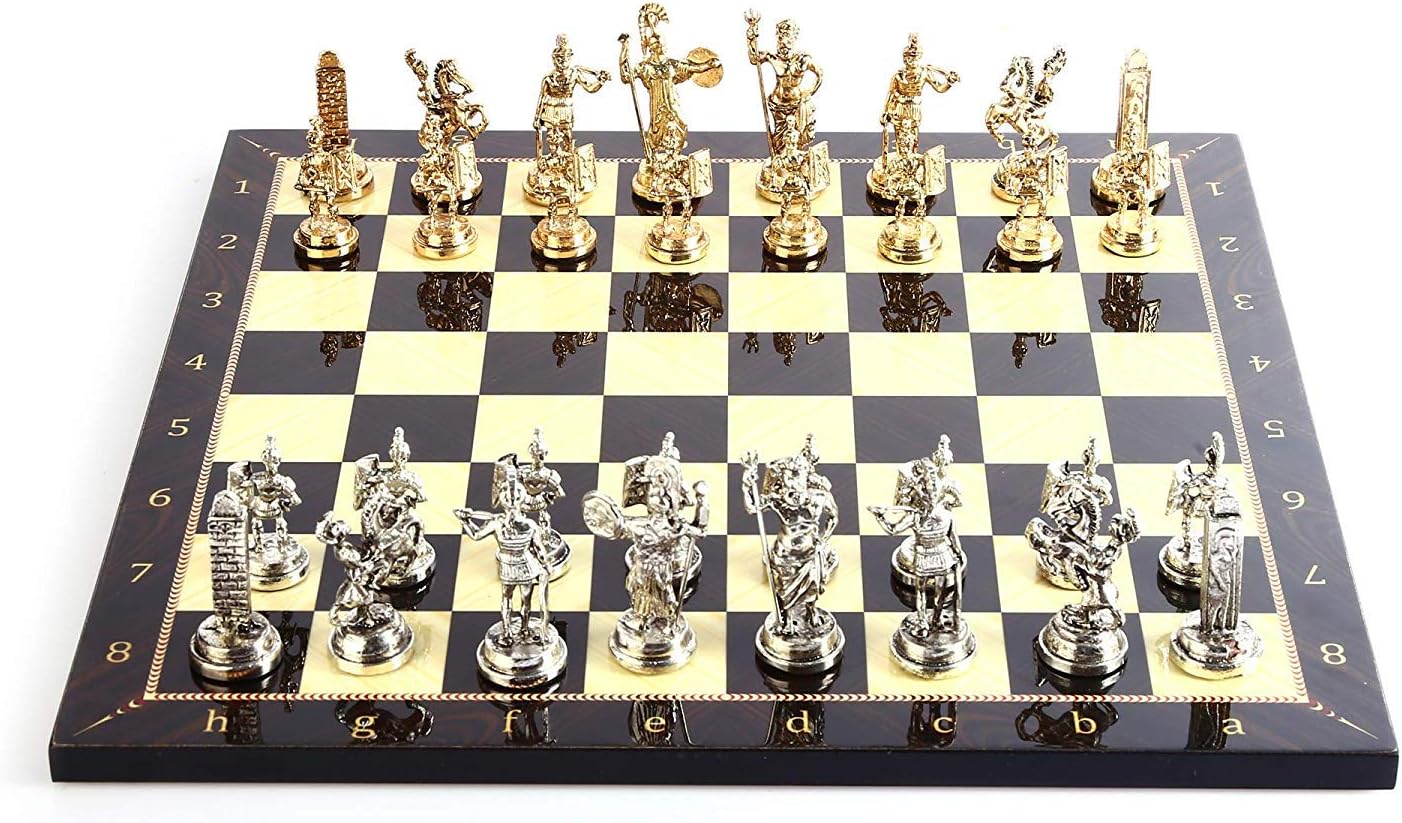 Historical Rome Figures Metal Chess Set for Adults,Handmade Pieces and Walnut Patterned Wood Chess Board Kıng 2.8 inc