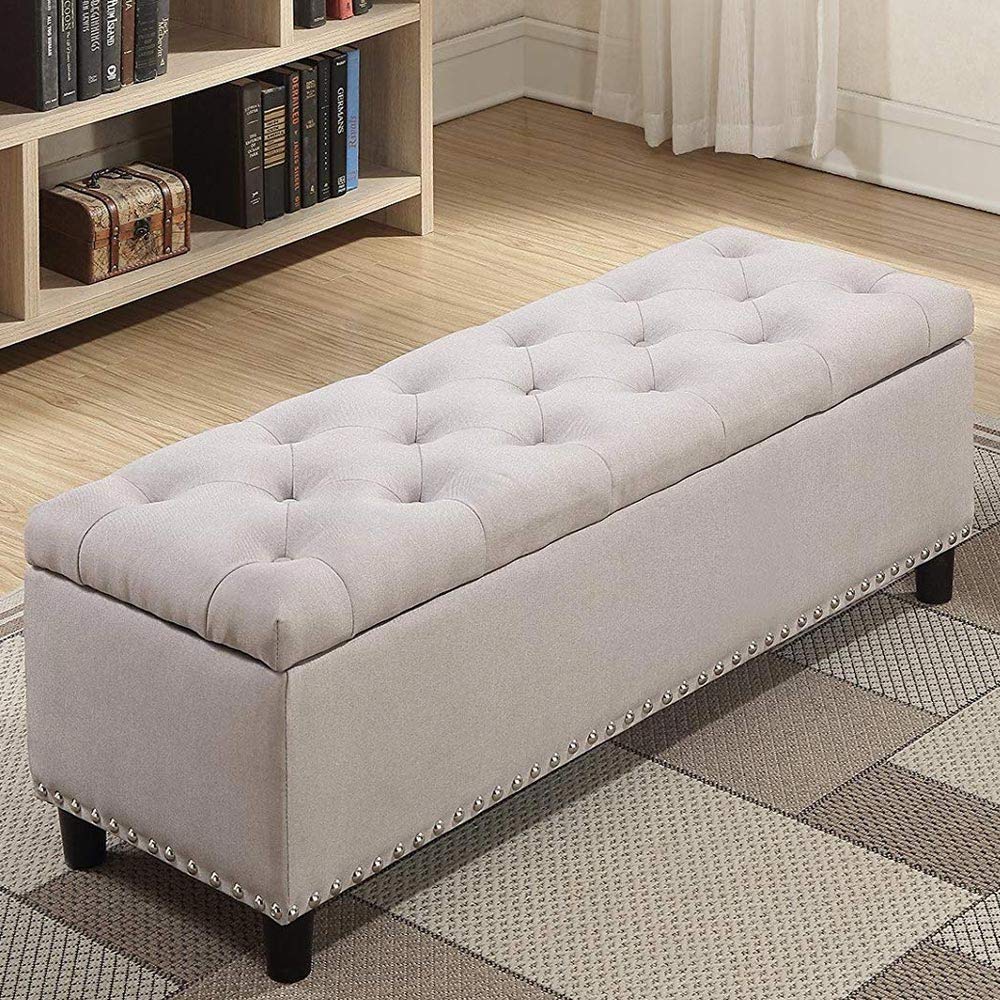 BAKAJI Cassapanca Pouf Contenitore Poggiapiedi per Camera da Letto Panca Sgabello con Struttura in Legno Rivestimento in Tessuto Seduta Apribile Imbottita Dimensioni: 121 x 42 x 43 cm (Beige)