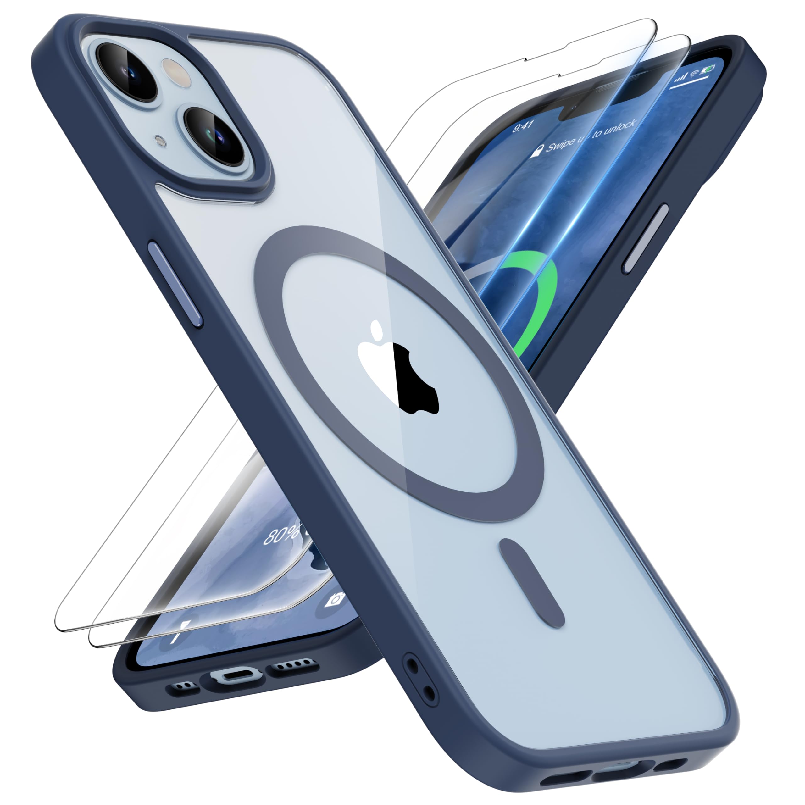 ORETECH Magnetica Cover per iPhone 14,Custodia iPhone 13 con 2X Vetro Temperato per Cellulare Protettiva Antiurto Protezione Militare Custodia per iPhone 14/13-Blu Navy