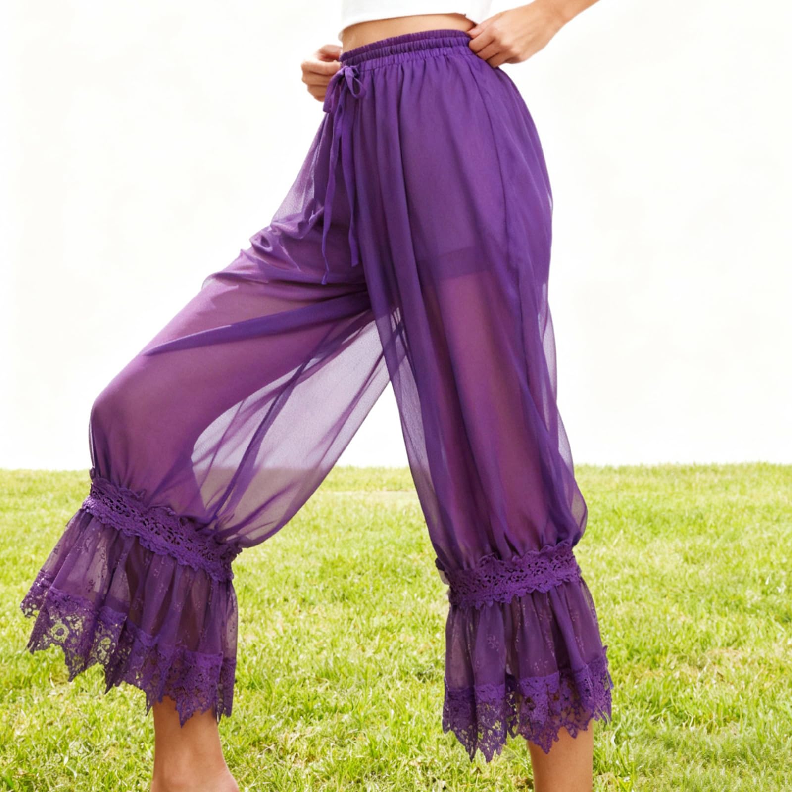 Pantalon De Plage Court en Mousseline Transparente pour Femme, Taille Basse, Ourlet Volanté, Style Capri, Idéal pour Les Vacances. Z1-Purple Small