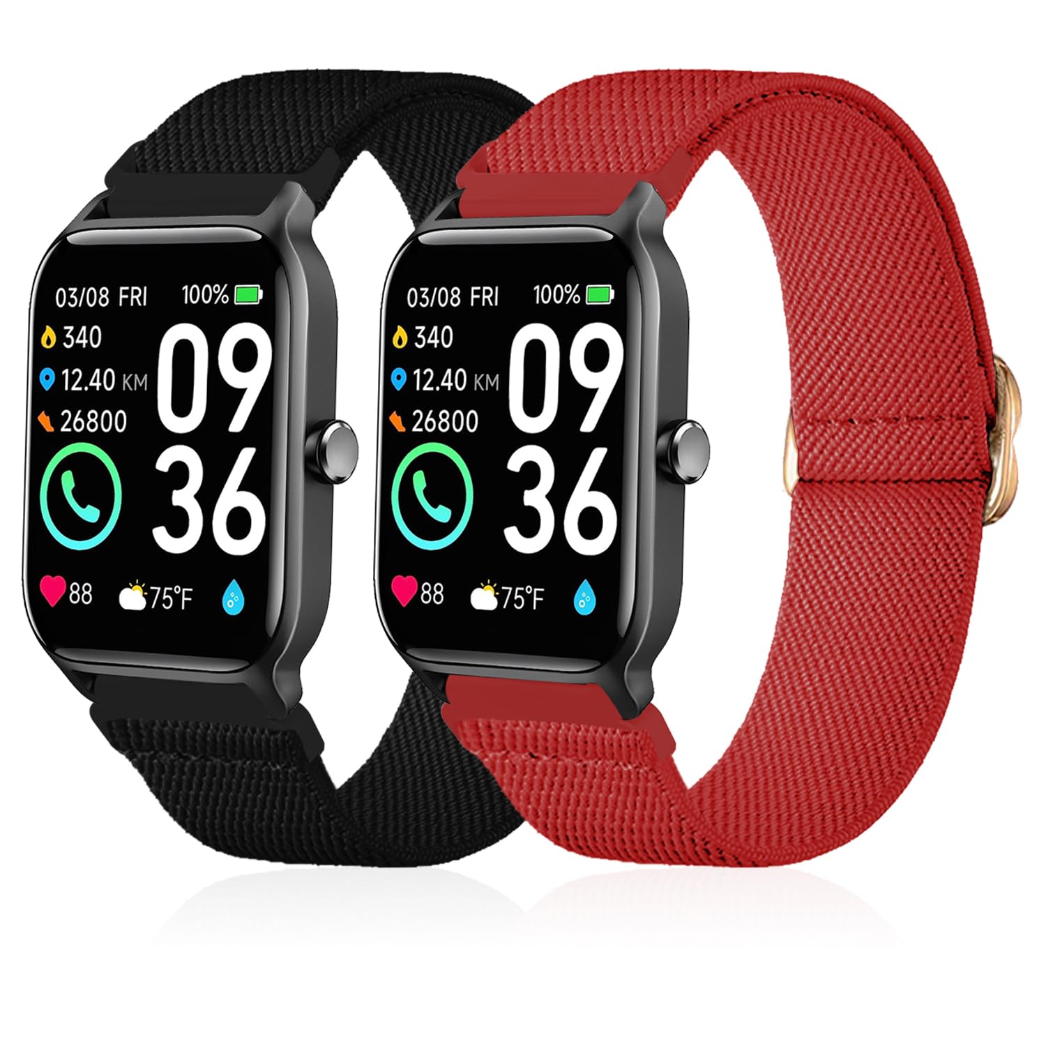 Lzwldan 2 Pack Stretchy Nylon Watch Bands Compatible with Woneligo/Fitpolo Smart Watch IDW13, Loop Soft Elastic Straps for FITVII H56/ID208Plus/Gydom/