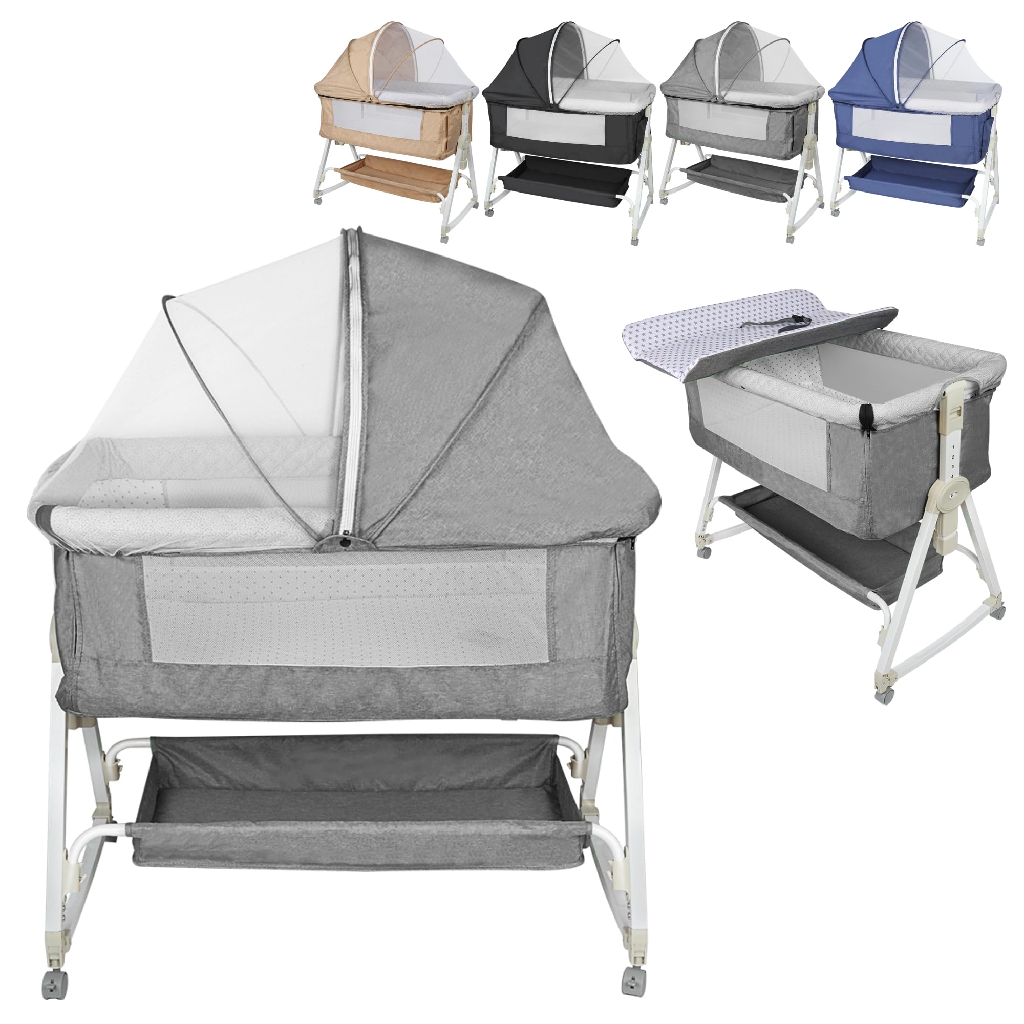 Lit Bébé Cododo la Naissance avec Fonction Bascule, Berceau Cododo avec Matelas et Moustiquaire, Lit d'appoint Mobile pour Bébé, Hauteur en Réglable 6 Positions, Gris 90 * 50*(98-110) cm