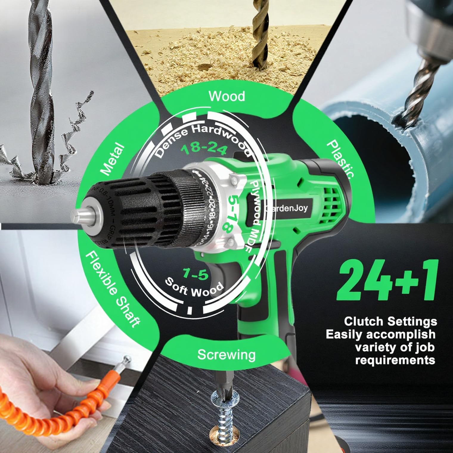 Kit trapano senza fili verde da 21 V, fai da te, 2 batterie e caricabatterie rapido, compatto, 2 velocità, mandrino senza chiave da 3/8", coppia 24+1, luce LED per legno e metallo