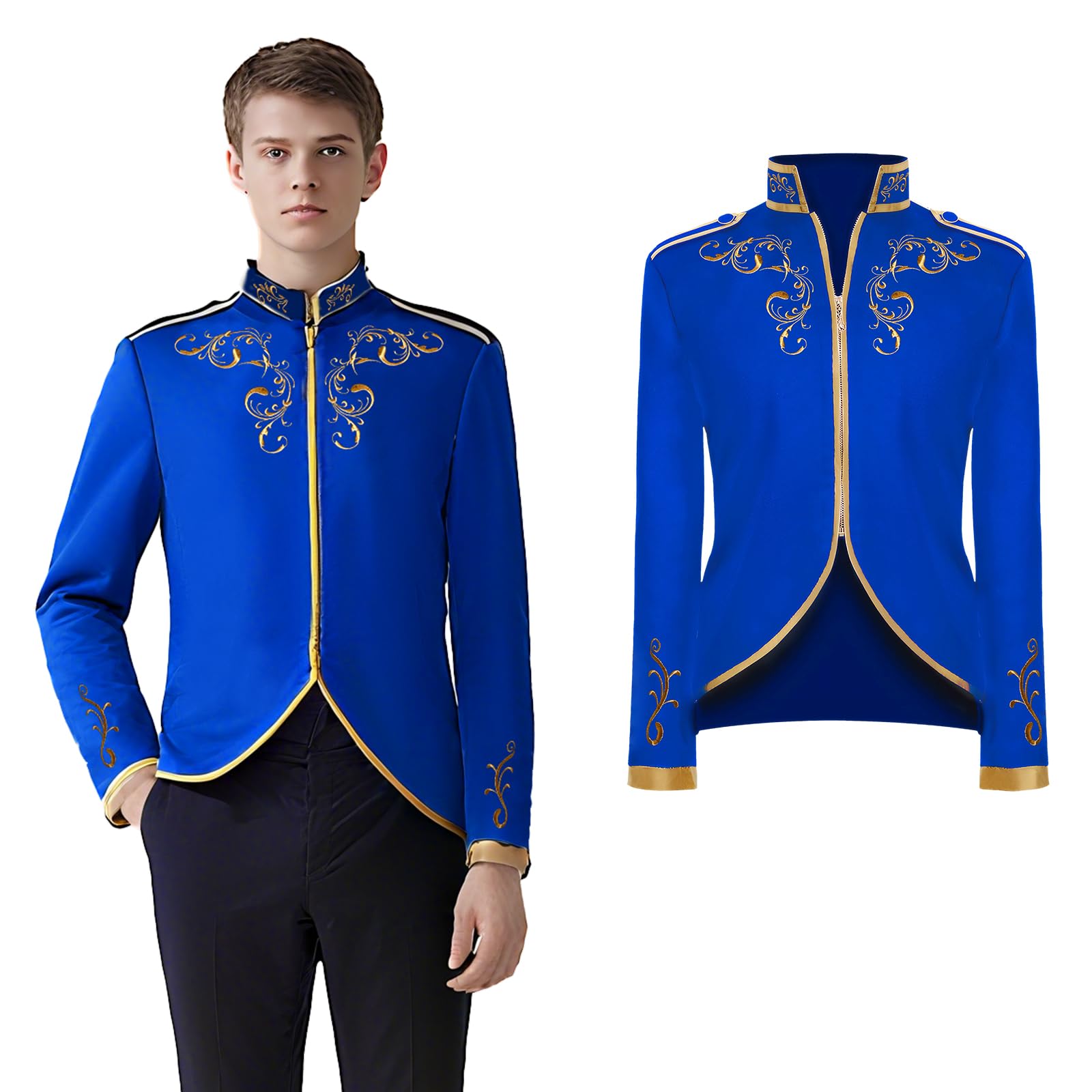 AFJIODUV Prince Costume for Men,Gothic Gold Embroidered Victorian Medieval Costume Men Jacket, Renaissance Mens Steampunk Jacket for Halloween Cosplay Prince Costume (Blue, XL)