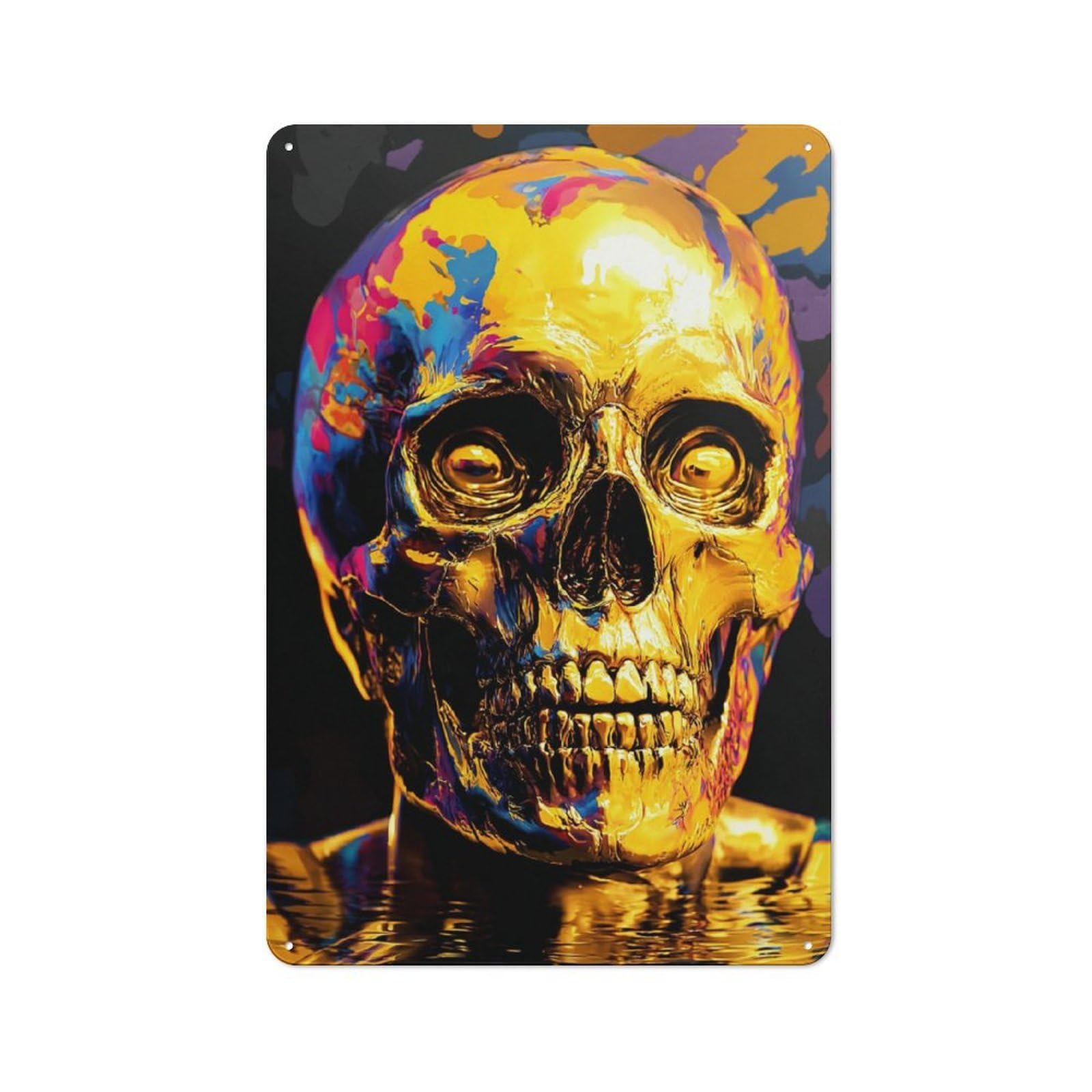 Junmoney Golden Skull Reflections Retro Metal Sign With Design 30X20cm, Distressed Look Retro Room Decor For Living Room, Hallway, Kitchen Or Cafe