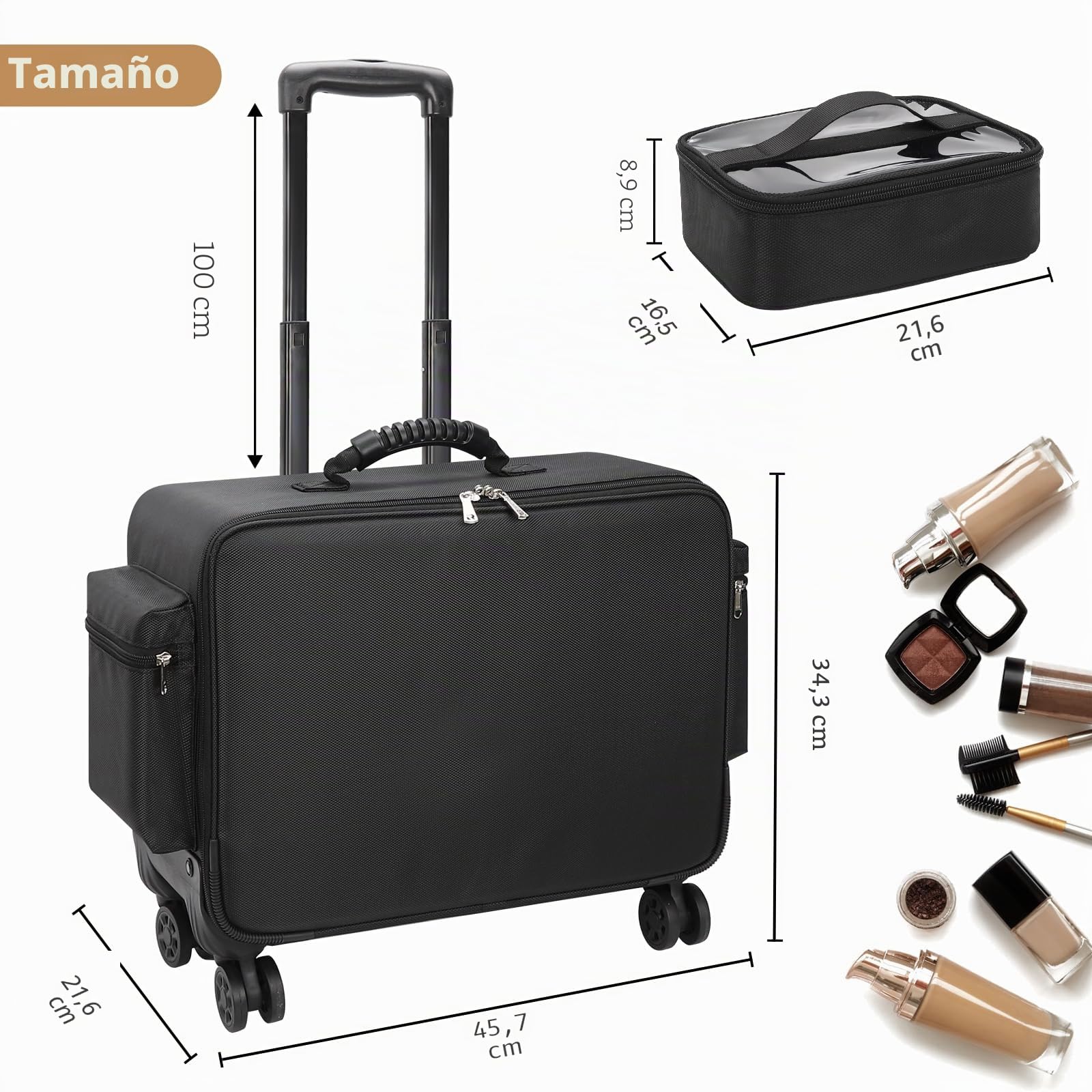 Maletín de cosméticos con ruedas, estuche profesional con divisor ajustable, maletín de maquillaje grande multifunción para técnico de uñas, peluquero, color negro, Negro , Maletín de cosméticos