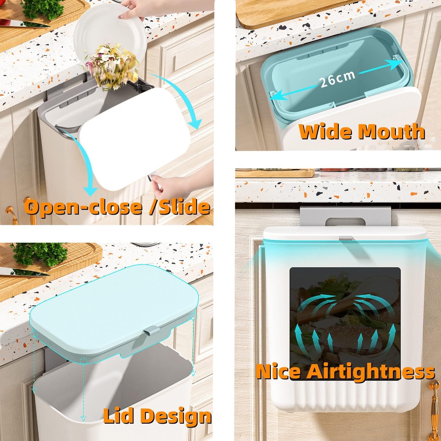 Go Hooked Hanging Trash Bin with Lid 29 Cm Wall & Cabinet Door Mounted Waste Bin for Dry & Wet Waste, Space-Saving Garbage Container for Home & Office Hanging Dustbin Plastic 3