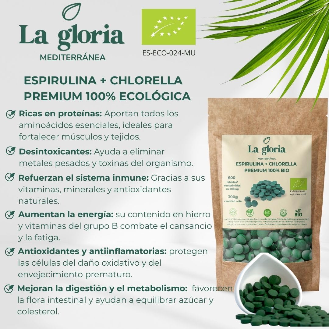 Espirulina y Chlorella Bio 900 Comprimidos | 225 días | Microalgas Ecológicas Detox, Proteína Vegetal Natural, Suplemento Vegano Energizante – La Gloria Mediterránea