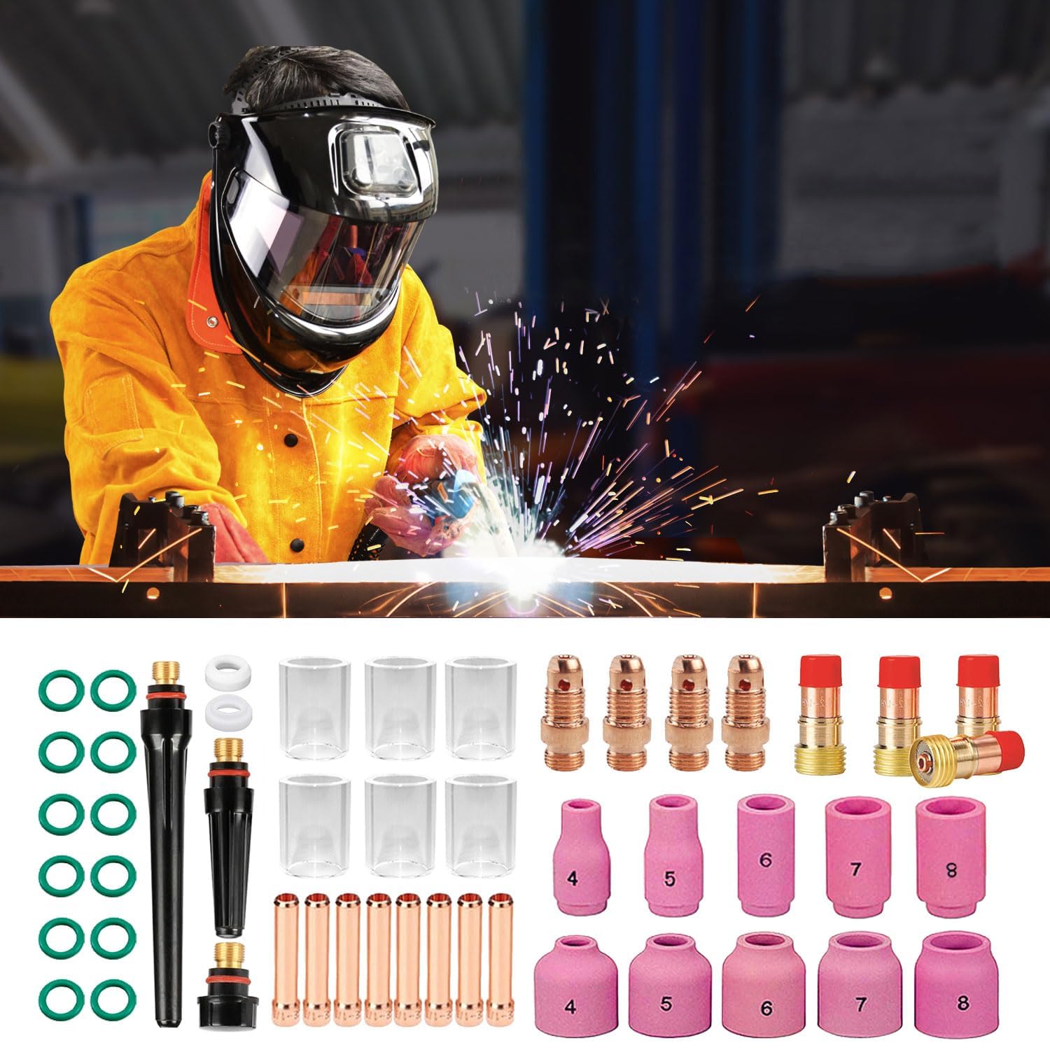 Kit Accessori per Saldatrice TIG 49 Pezzi, Torcia TIG con Ugelli Allumina, Lenti, Anello Silicone, Tazze Gas per WP-9/17/18/26