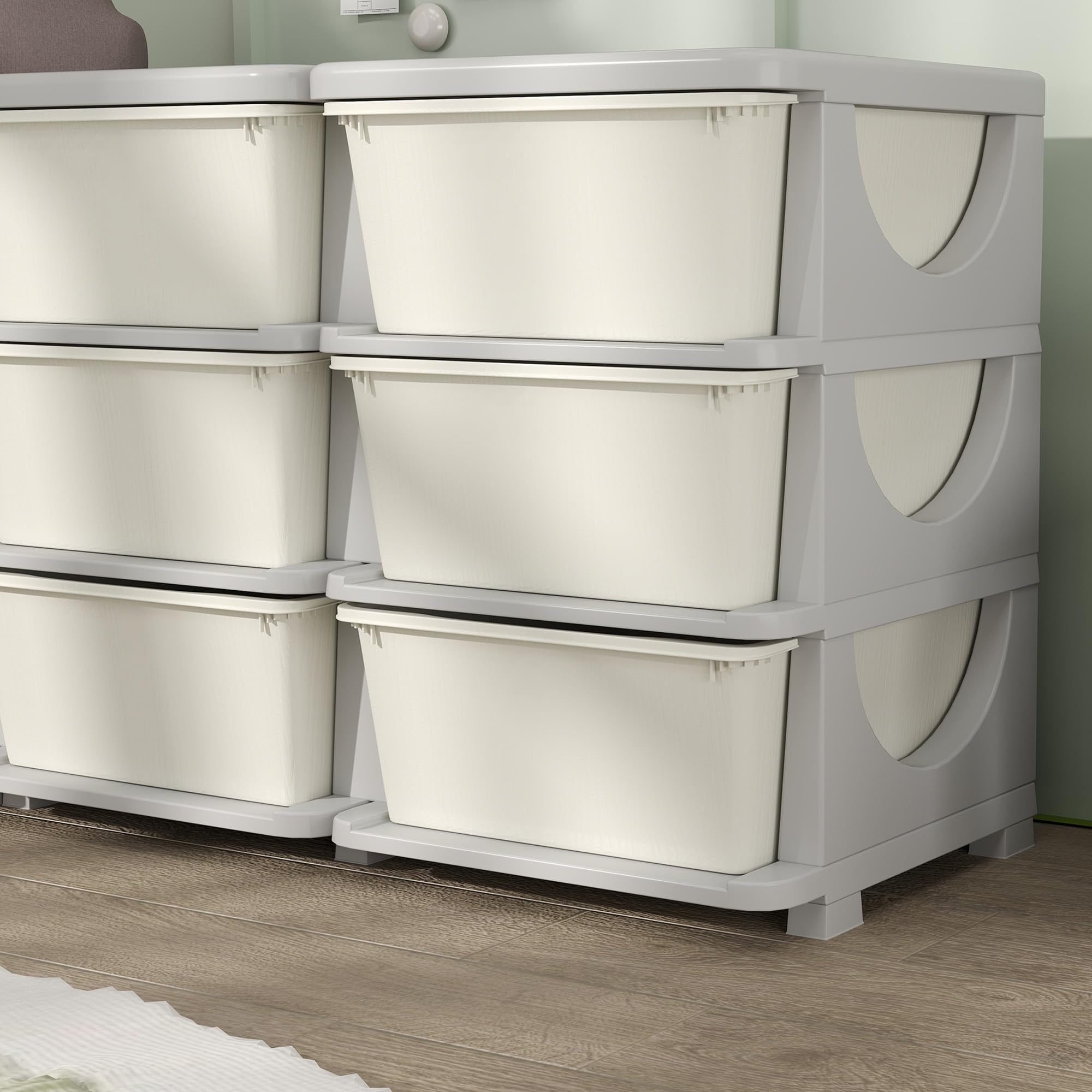 HOMCOM Meuble de rangement en plastique à 9 tiroirs, meuble de rangement pour enfants à 3 niveaux, coffre à jouets pour enfants pour la chambre d'enfants, la salle de jeu, la chambre à coucher, crème