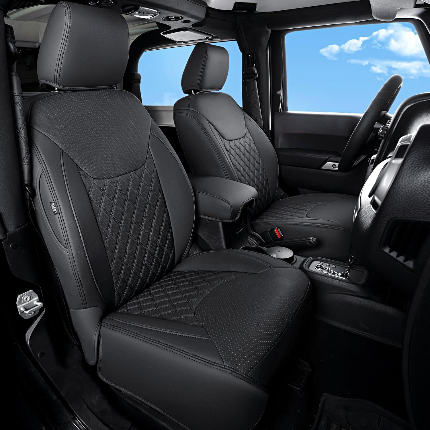 GIANT PANDA Customized Full Set Car Seat Covers for Jeep Wrangler 2 Door JK Sport Sahara Rubicon Freedom Willys Wheeler 2013 2014 2015 2016 2017, Faux Leather - (Black)