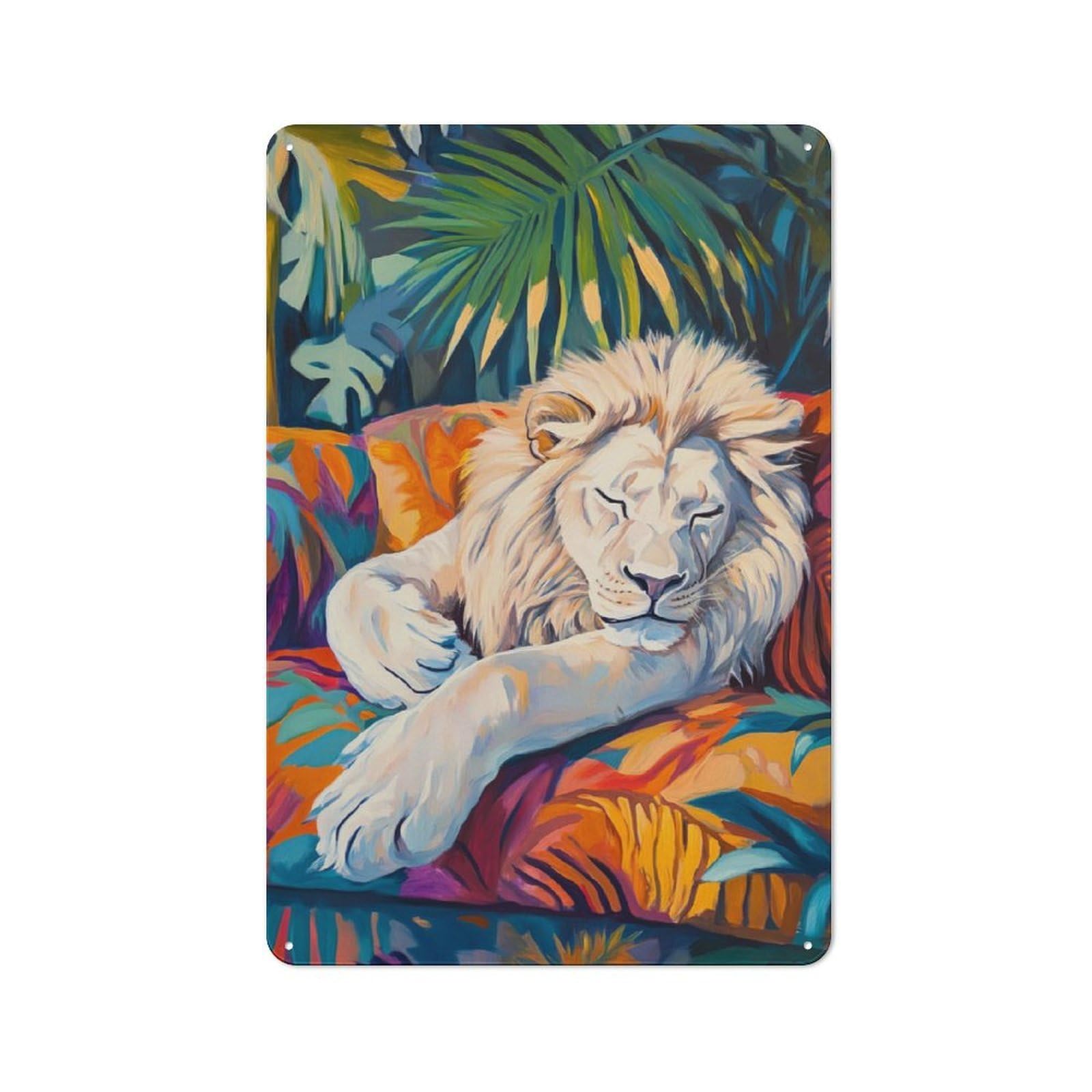 Metal Plaque 30x20cm with Sleeping White Lion for Pub Or Café, Retro Decor, for Pub Decor Enthusiasts Refreshing A Room in Autumn