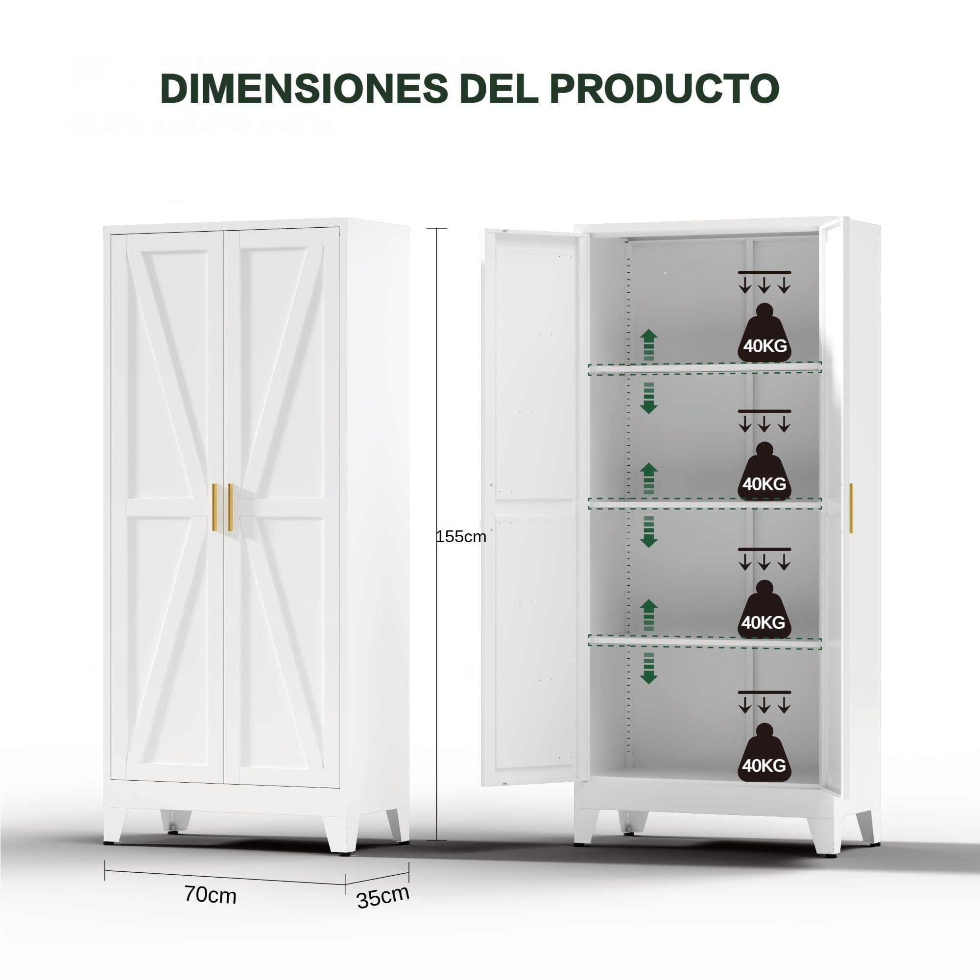 Armario Metalico Alacena, Aparador Comedor de Metal, Armario Cocina Almacenaje con Estantes Regulables, Área culinaria, Salón, 35x70x155cm, Blanco