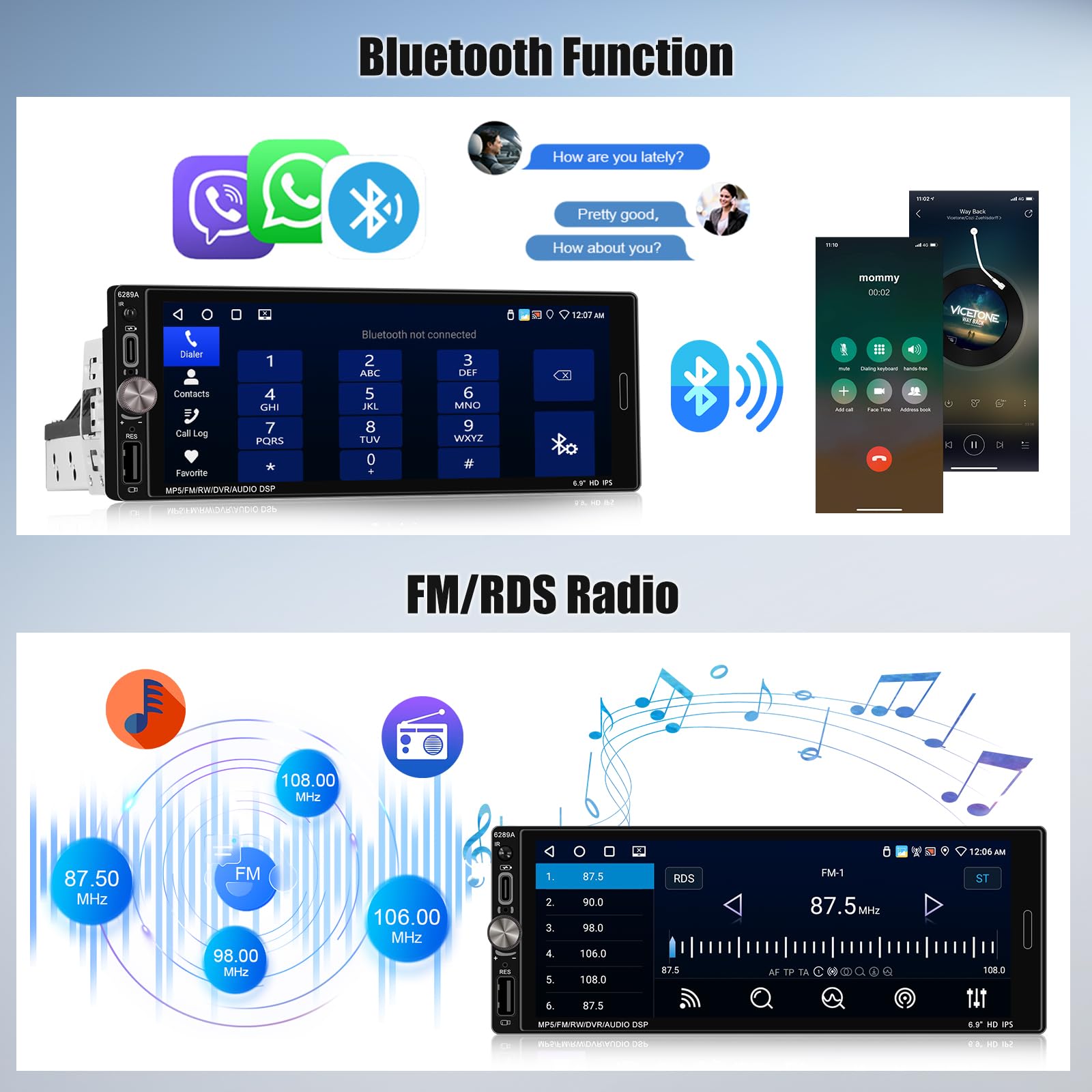 OiLiehu Autoradio 1 Din Apple Carplay Android Auto schermo da 6,86 pollici con Android/iOS
