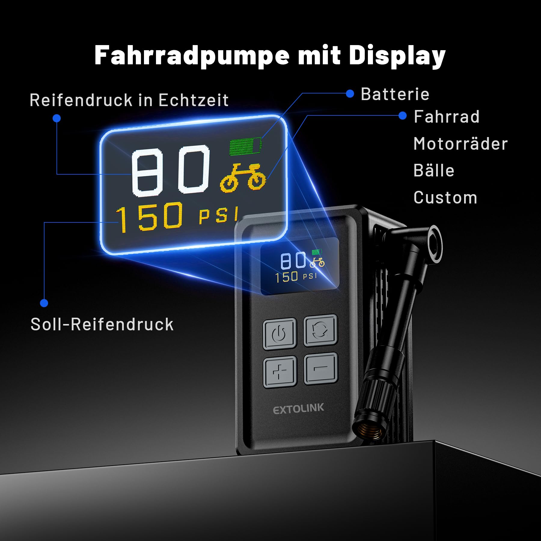 Fahrradpumpe Elektrisch, Max 150 PSI Mini Fahrrad Pumpe mit Digitalanzeige, 360°-Pumpenrohr, 20s Aufblasen Fahrradpumpe mit Amerikanische, Presta-Ventile für Rennräder, Mountainbikes