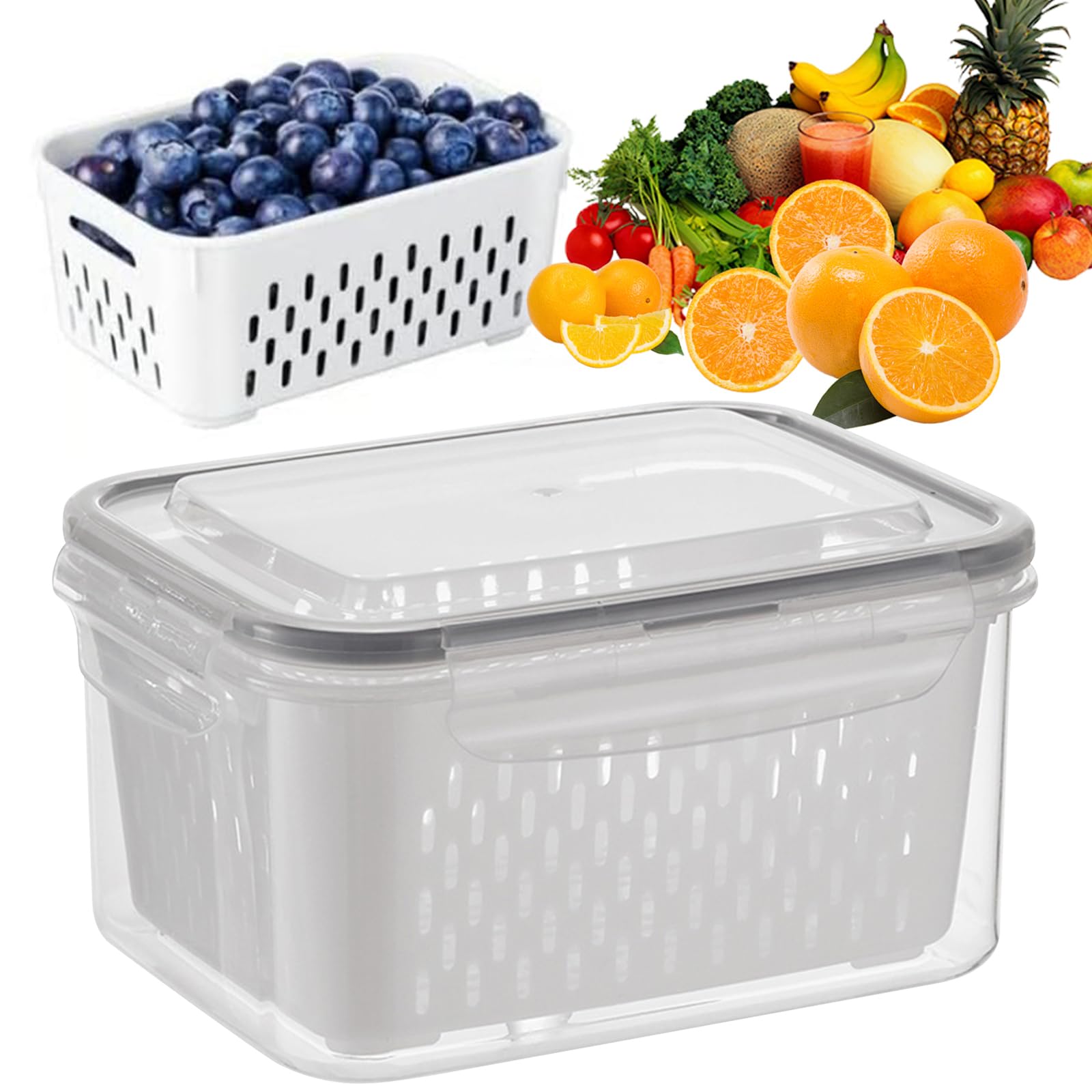 4 In 1 Food Storage Container with Lids, Household Transparent Plastic Food Storage Box-Including Drain Basket, Stackable Produce Saver, Multifunctional Airtight Container for Fridge Keep Fresh Longer