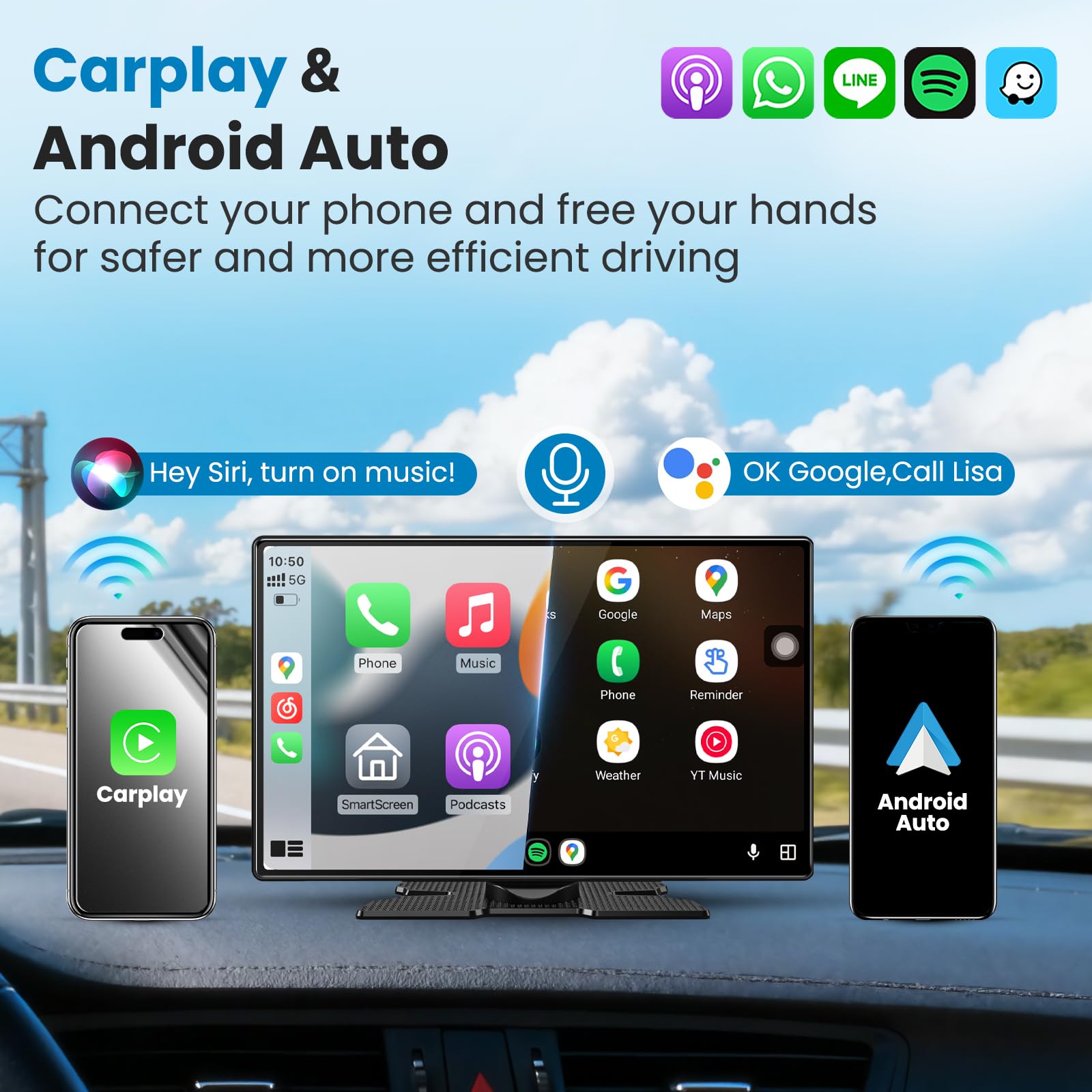 Portable Apple Carplay Screen for Car, 11.3" Extra Large Wireless Car Play & Android Auto Screen for Car, Car Stereo with 4K Dash Cam, App View, Backup Camera,GPS,Mirror Link,FM, Voice Control - 2