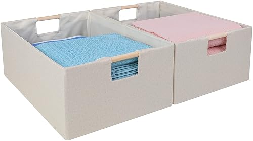Miniatura 1 de ANMINY Juego de 2 contenedores de almacenamiento grandes plegables de tela de lino de algodón con asas de madera, cubos decorativos para estantes,