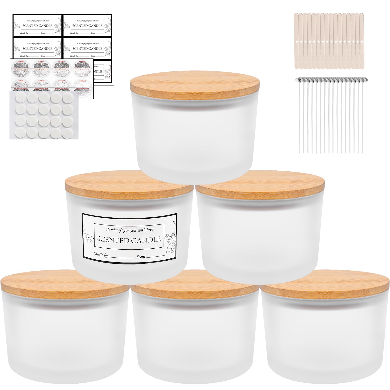Connoo Frosted-Bamboo Lids 6-Pack 16 Oz Candle Jars - 3-Wick Frosted Empty Glass Wide Mouth Candle Jars Come With Bamboo Lids, Sticky Warning Labels, And A Candle Wick Kit For Candle Making - Dishwasher Safe