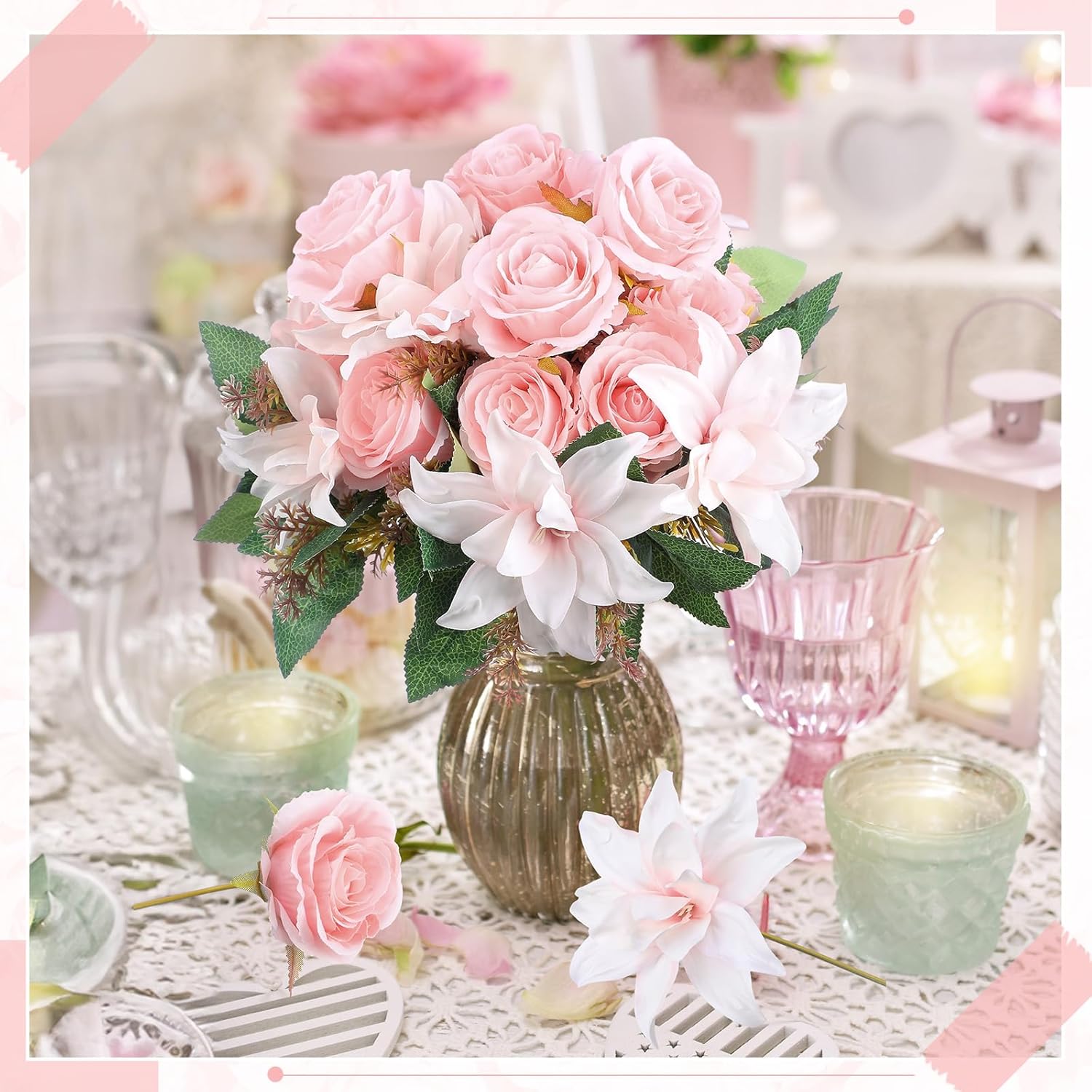 Riceshoot 8 Bundles Pink Artificial Lily Rose Flowers Wedding Flower Bouquet Realistic Silk Flowers Faux Lily and Rose for Wedding Centerpieces Flower Arrangement Home Decor