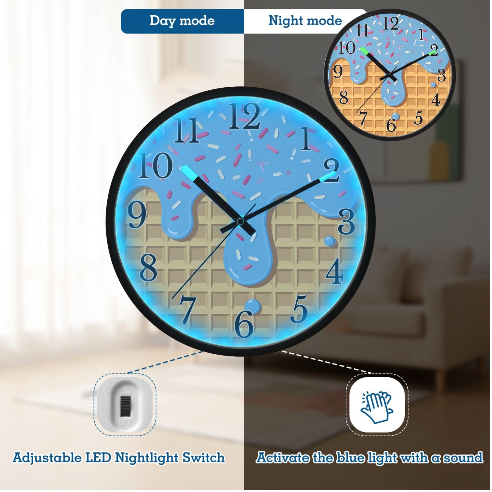 Mnsruu Reloj de pared luminoso, reloj de pared azul con goteo de helado, reloj de pared que brilla en la oscuridad, funciona con pilas, reloj silencioso de 30,5 cm con luz nocturna para dormitorio