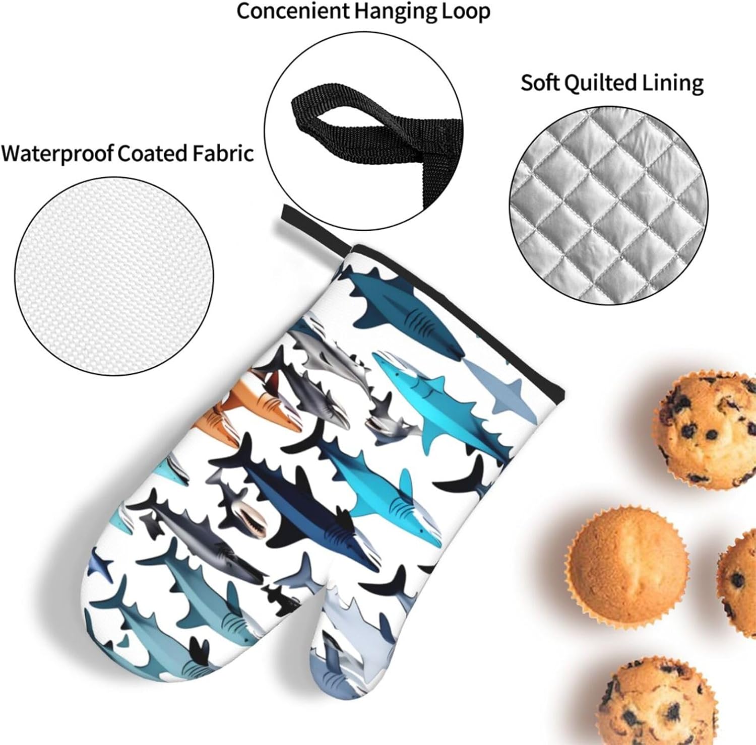 Sharks Pattern Print Heat Resistant Microwave Gloves, Used for Baking, Cooking, and Fashion Kitchen Essentials