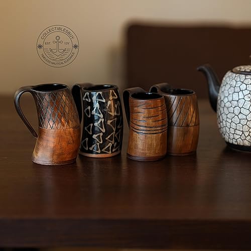 Miniatura 5 de Juego de 4 tazas vikingas de cuerno para beber, hechas a mano, Norse Ale & Mead Tankards | Vasos de cerveza medievales para bar de fiesta,
