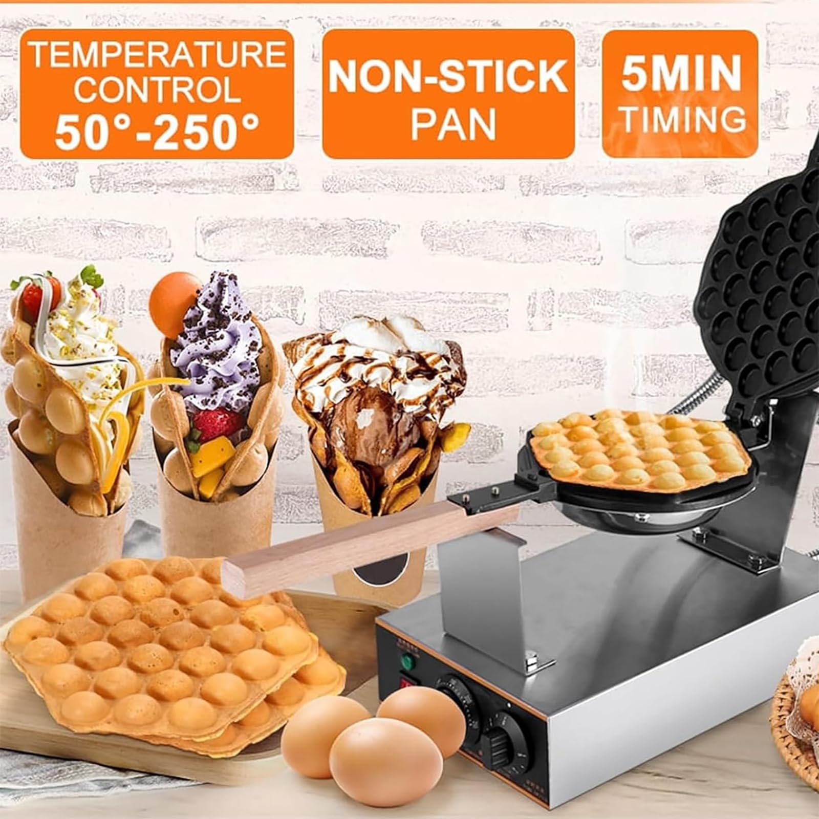 Plancha para gofres de Burbujas de Huevo de 1400 W, máquina Comercial para gofres de Burbujas, Ajustable de 50 a 250 ℃/Giratorio de 180°/Bandeja para Hornear Antiadherente de Acero,