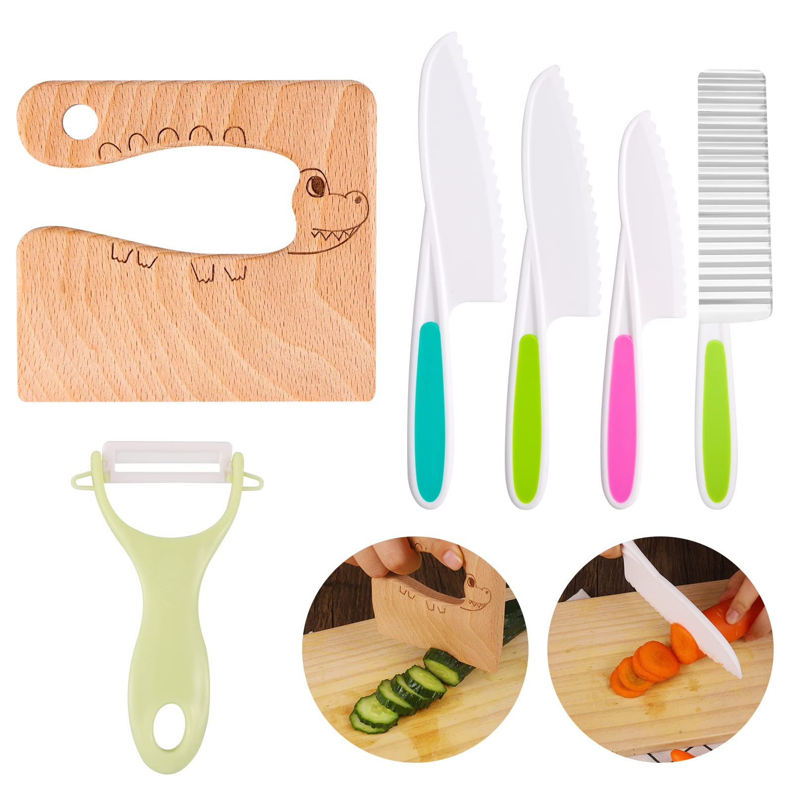 AKlamater 6PCS Kitchen Safety Knives for Kids, Children's Cooking Knives in 3 Sizes, Wooden Cutting Board & Paring Knife & Potato Slicer for Kids Vegetables Fruits Salad(Blue)