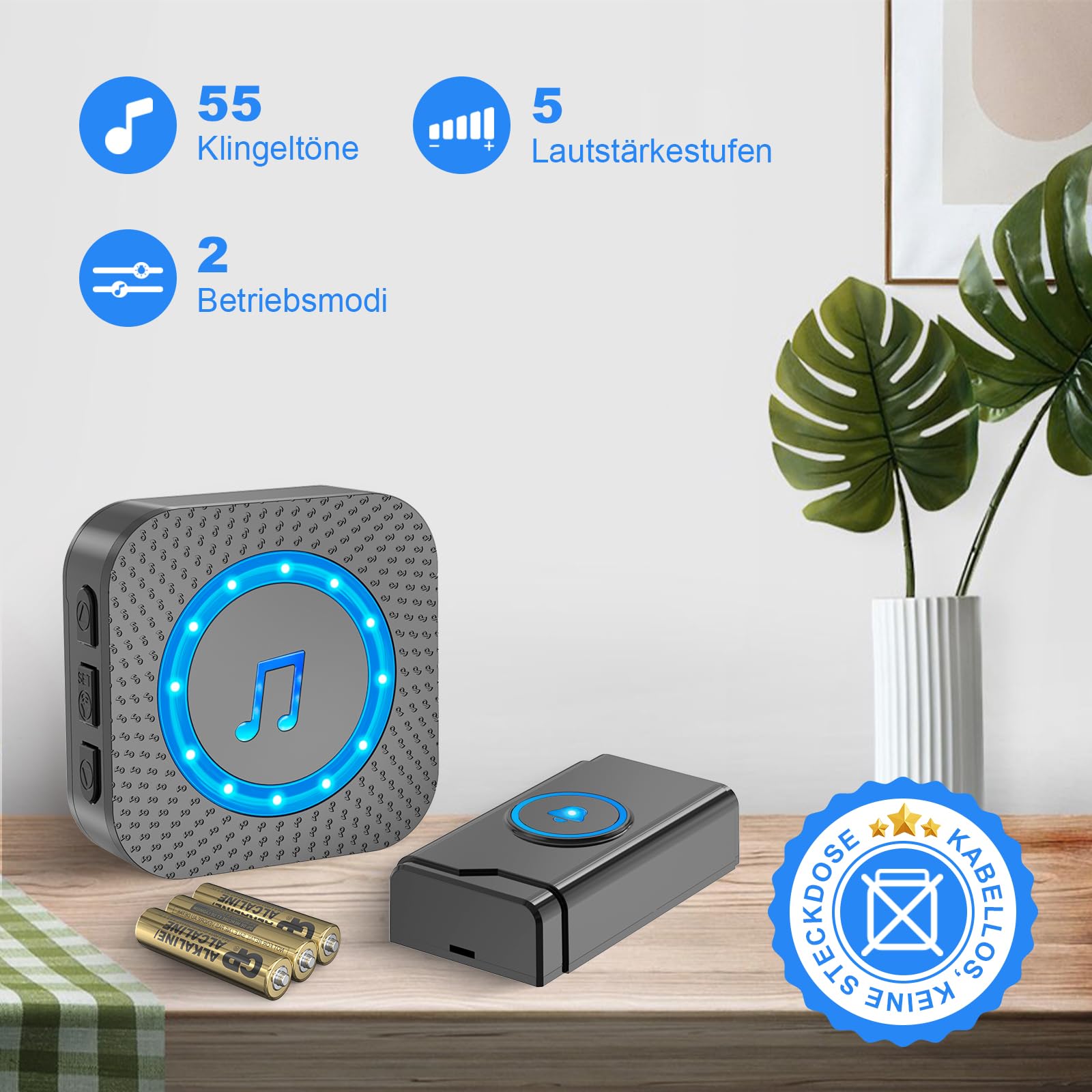 SURFOU Timbre Inalámbrico con pilas Exterior Interior Impermeable, Campainha Sem Fios, Kit Wireless Doorbell Puerta para Casa 400M de Alcance con 55 Melodías, 5 Niveles Volumen, Indicador LED (Negro)