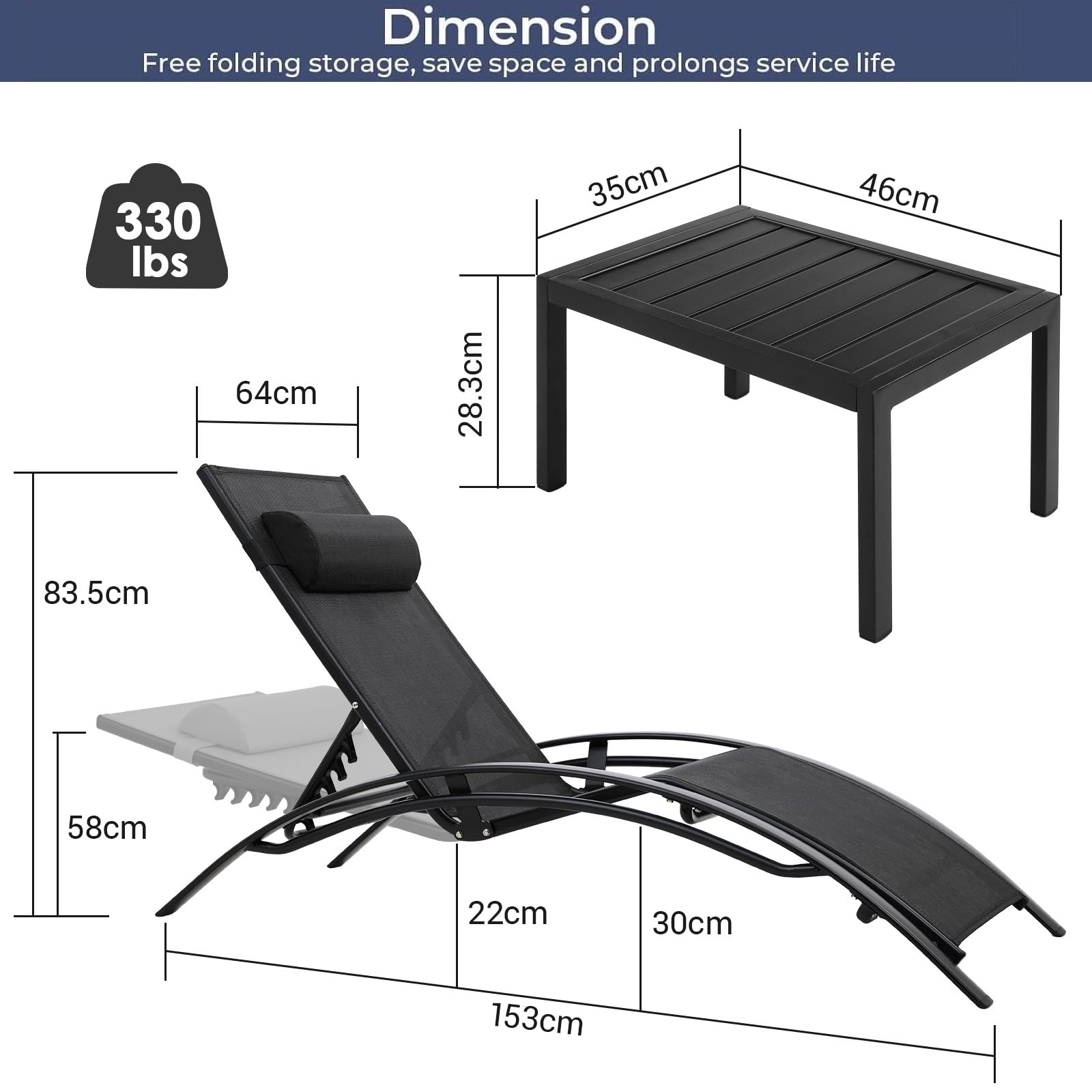 LIFERUN XXL Aluminium Sonnenliege 2er Set, stapelbare liegestuhl Garten mit Beistelltisch und Kopfkissen, Wetterfest, 5-Fach Verstellbare Rückenlehne, Geeignet für Gärten, Schwimmbäder, Strand, 2 PCS