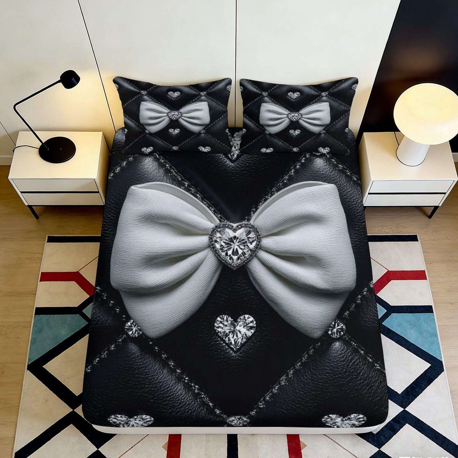 Pnayamiorkfel Style-7 3D Printed Diamond Bow Fitted Sheet Microfiber Black Leather Heart Bed Cover Anti-Slip Decor For Bedroom Guest Room 90X200x25cm