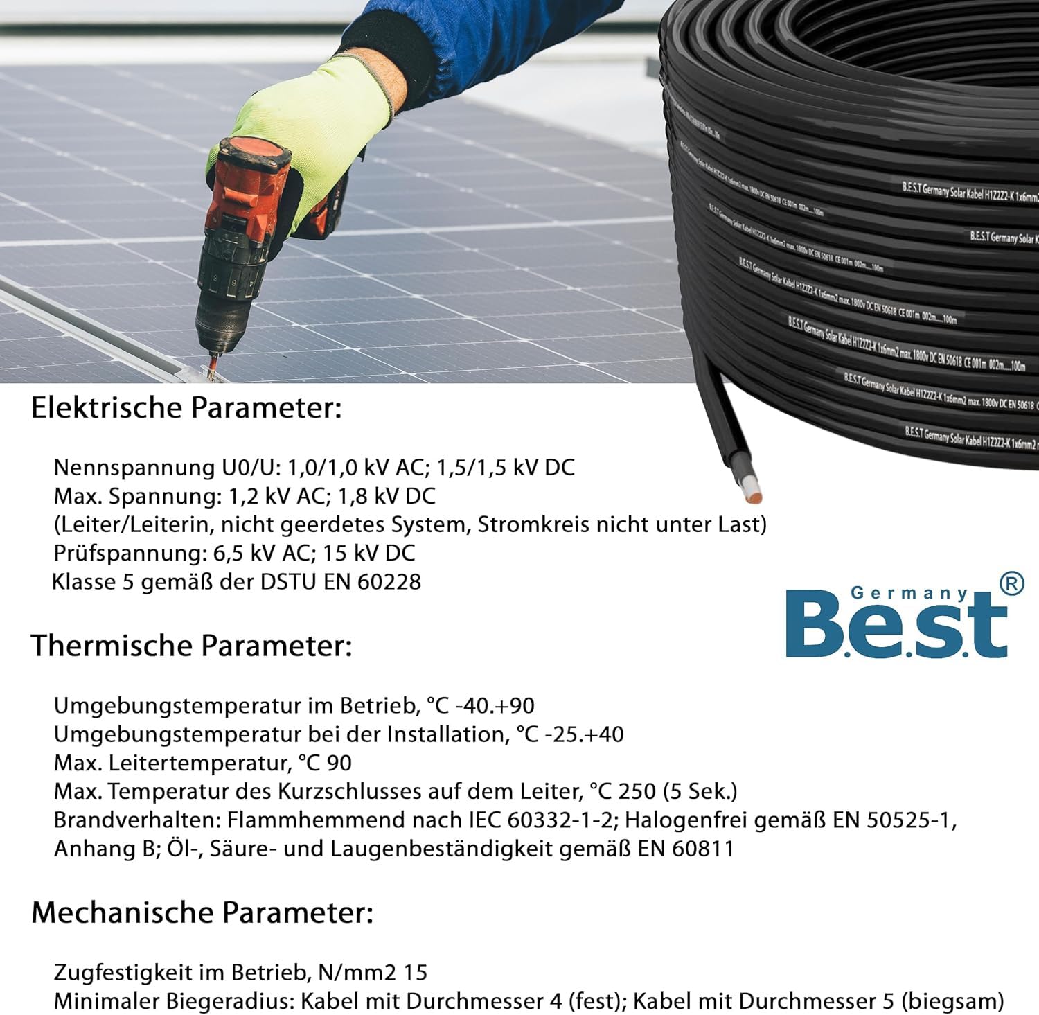 Solarkabel Solarleitung 25m 4mm² Photovoltaik PV Kabel + 10 Stecker Schwarz