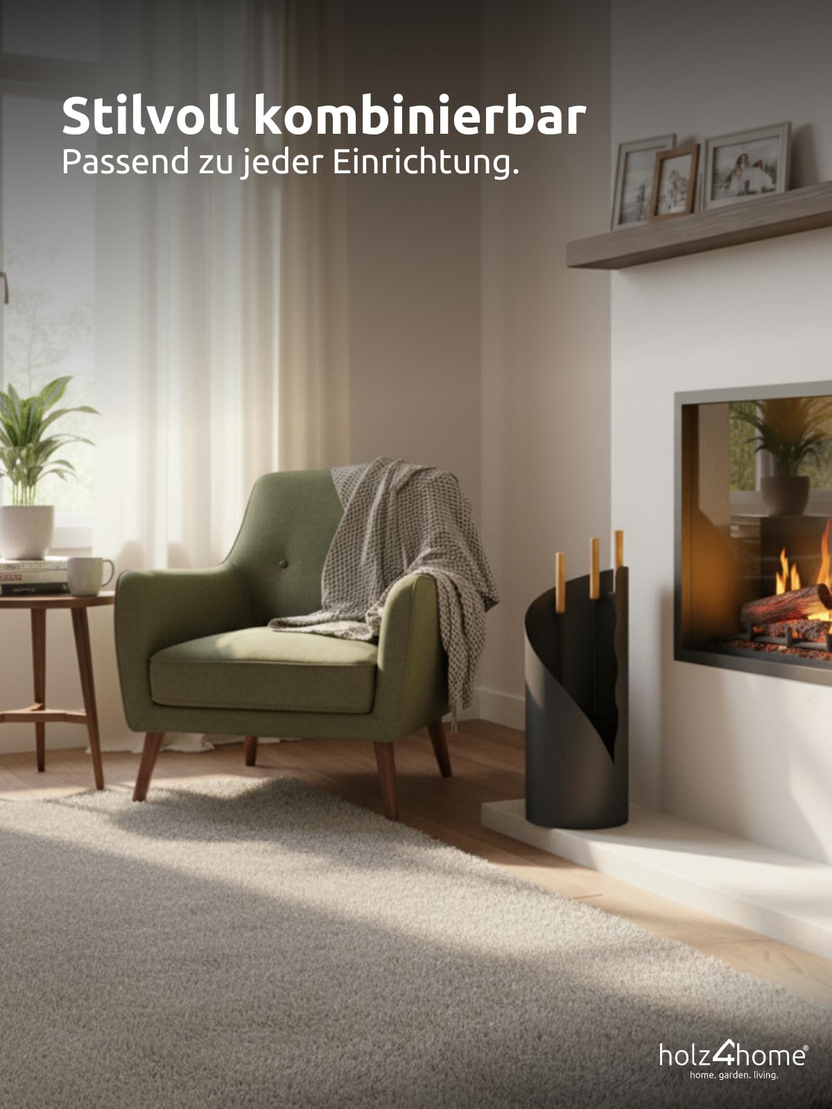 holz4home® Kaminbesteck 5-tlg. Grauschwarz mit Holzgriff inkl. Ofenhandschuh I Kaminset Kamingarnitur Anthrazit Ofenbesteck Schürhaken Besen Ascheschaufel
