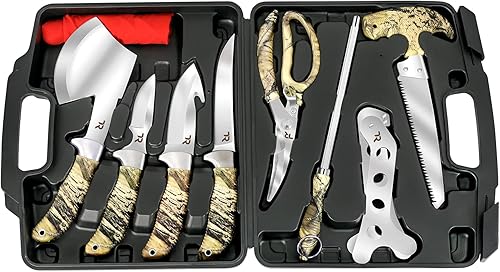 TR Kit de aderezo de campo, juego de cuchillos de caza, juego de carnicero portátil de 10 piezas para caza de ciervos, supervivencia, pesca, camping