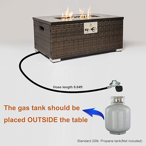 Miniatura 2 de Mesa de fuego de propano de 32 pulgadas, mesa de cerámica texturizada de mármol, mesa de fuego de 50,000 BTU con mimbre marrón, rocas de vidrio de