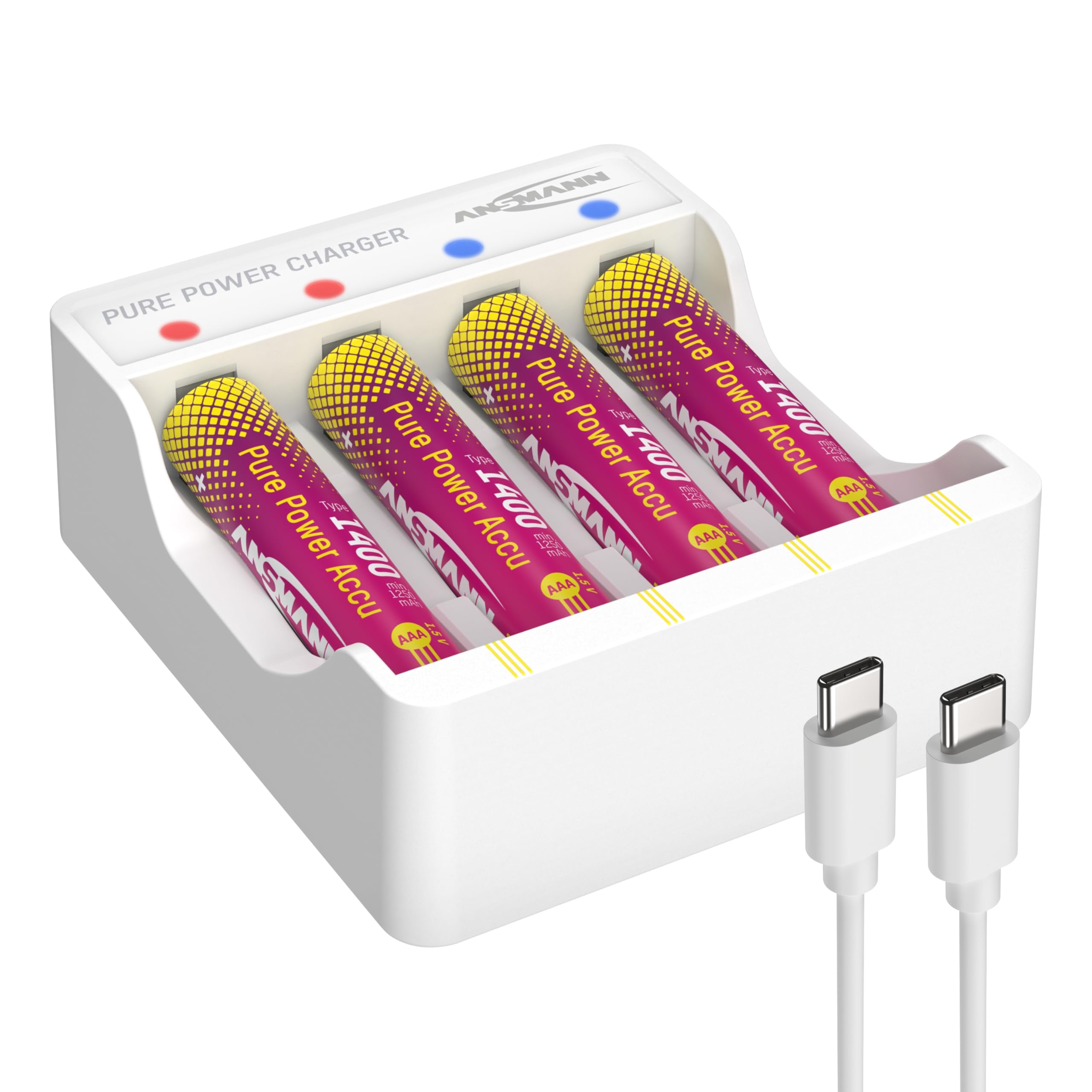 ANSMANN Lithium Ladegerät Pure Power inkl. 4X Micro AAA Akkus mit höchster Kapazität und Lademodul, mit Langer Laufzeit und Schutztechnik, ideal für Geräte mit hohem Energiebedarf