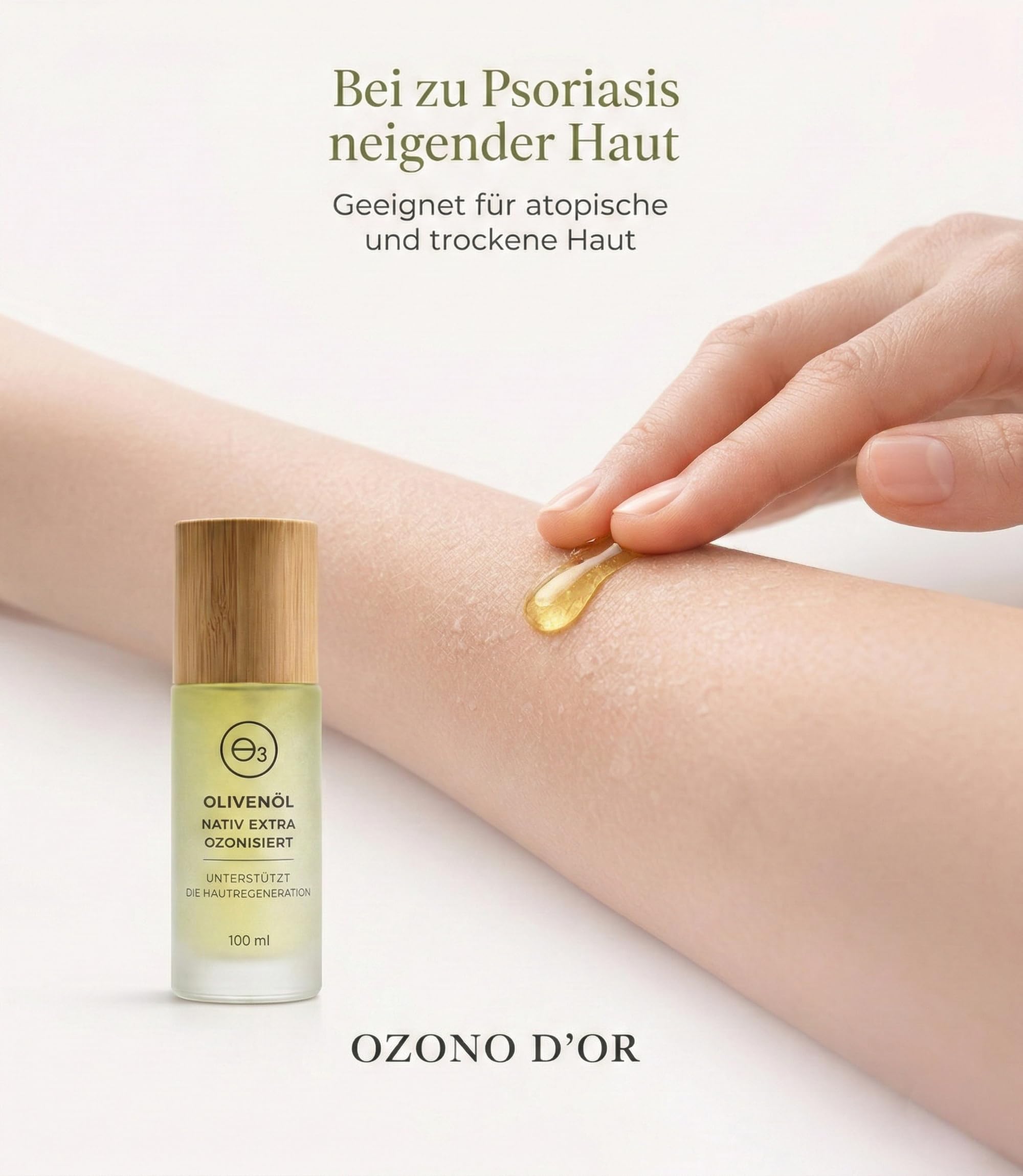 Ozonisiertes Olivenöl Bio 100% Natürliches Ozonöl zur Pflege bei Schuppenflechte Dermatitis Ekzem und Juckreiz für empfindliche und zu Neurodermitis neigende Haut Glasverpackung 100 ml